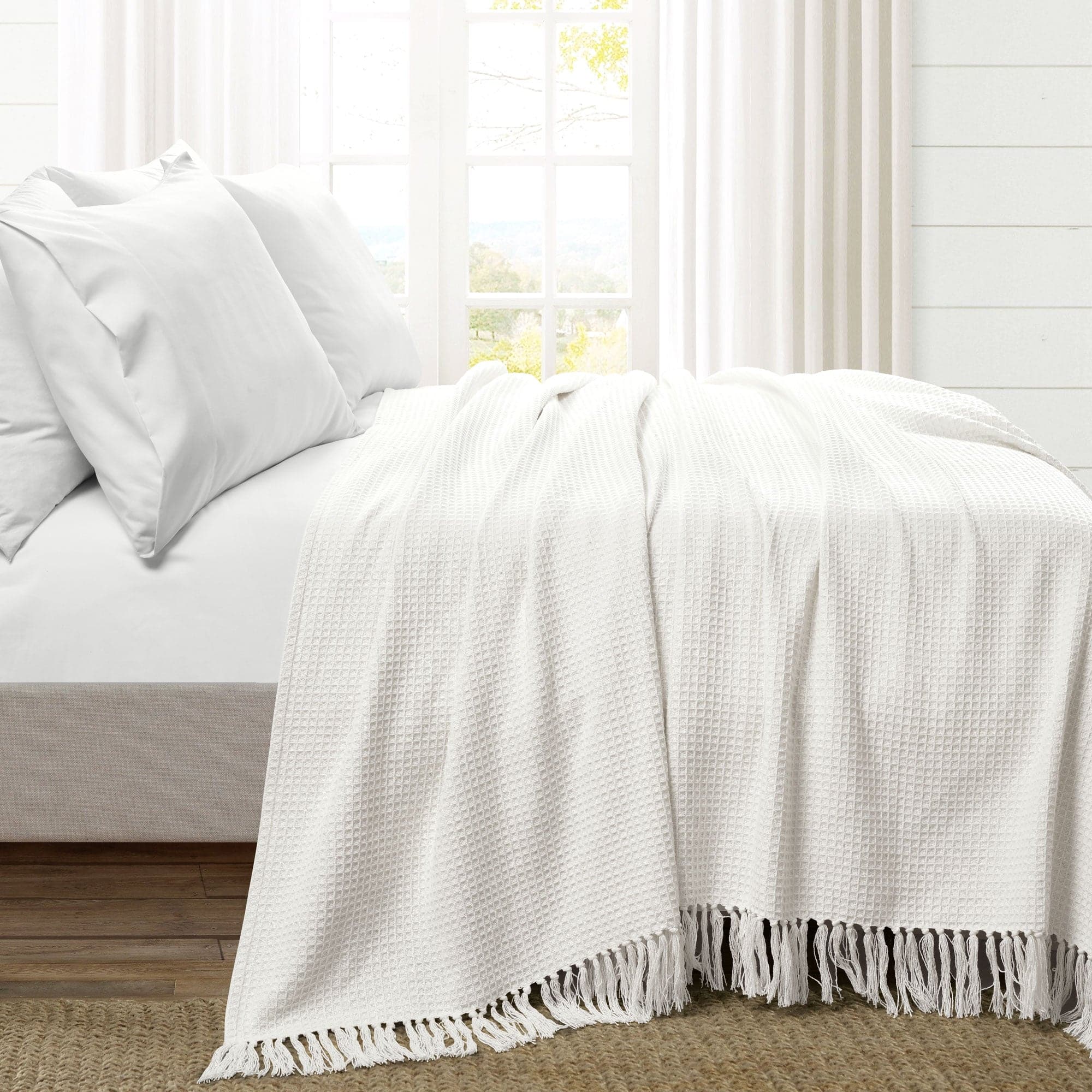 Soft Waffle Knit Cotton Blanket with Tassel Fringe - Cozy Throw Coverlet for Bed, Couch & Nursery - Perfect for Winter, Gifts & Home Decor