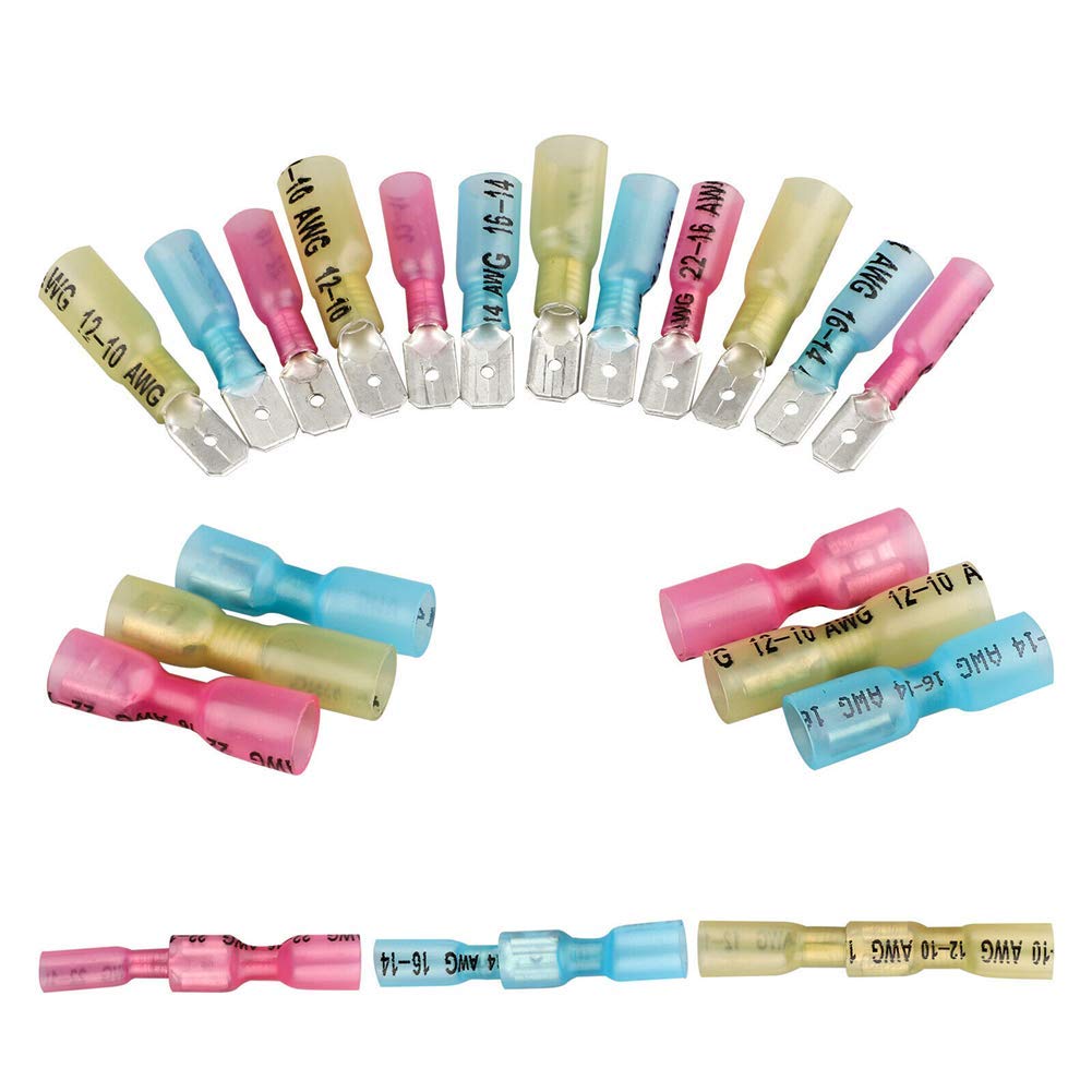 PONFY 100PCS Heat Shrink Spade Connectors Kit - Female & Male Quick Disconnect Crimp Terminals for Automotive, Marine & Home Electrical Wiring Repairs