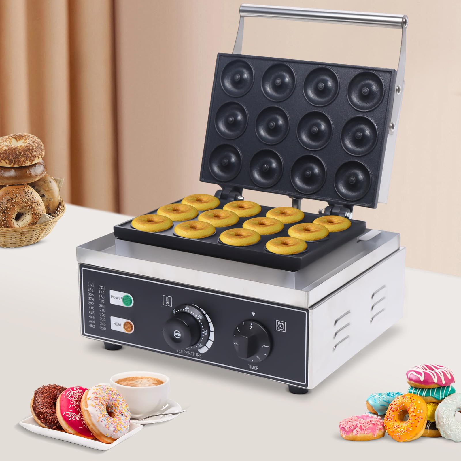 Commercial Donut Maker Machine - 12-Hole Electric Donut Baker with Non-Stick Coating, 110V 1550W (122-572°F) - Portable Doughnut Maker for Bakeries, Cafes & Home Use - Perfect for Breakfast, Parties & Catering Events