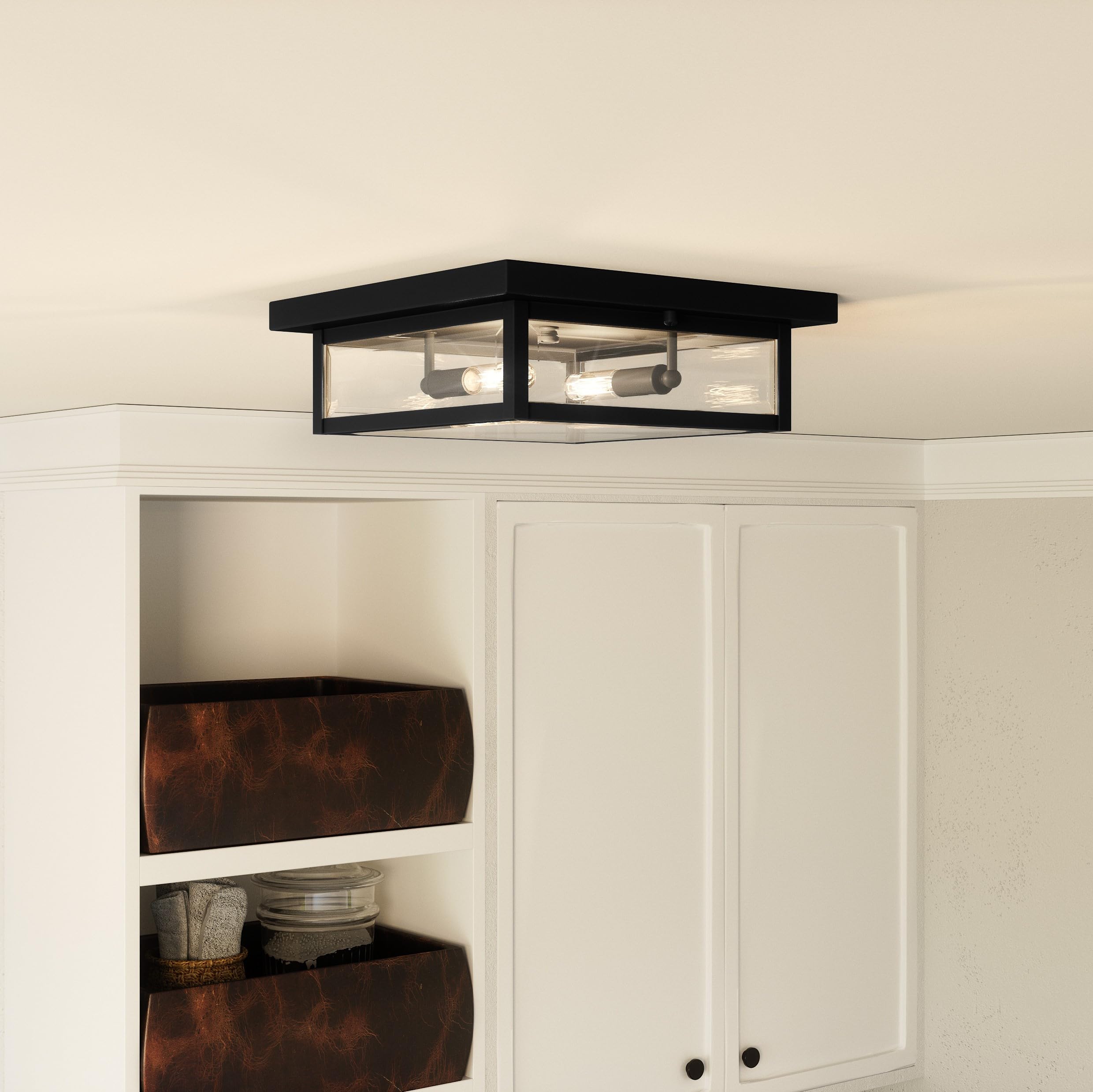 Quoizel Westover 12 Inch 2-Light Flush Mount Ceiling Light - Earth Black Industrial Lantern with Beveled Glass - Perfect for Hallway, Kitchen, Bedroom, Bathroom & Dining Room Lighting