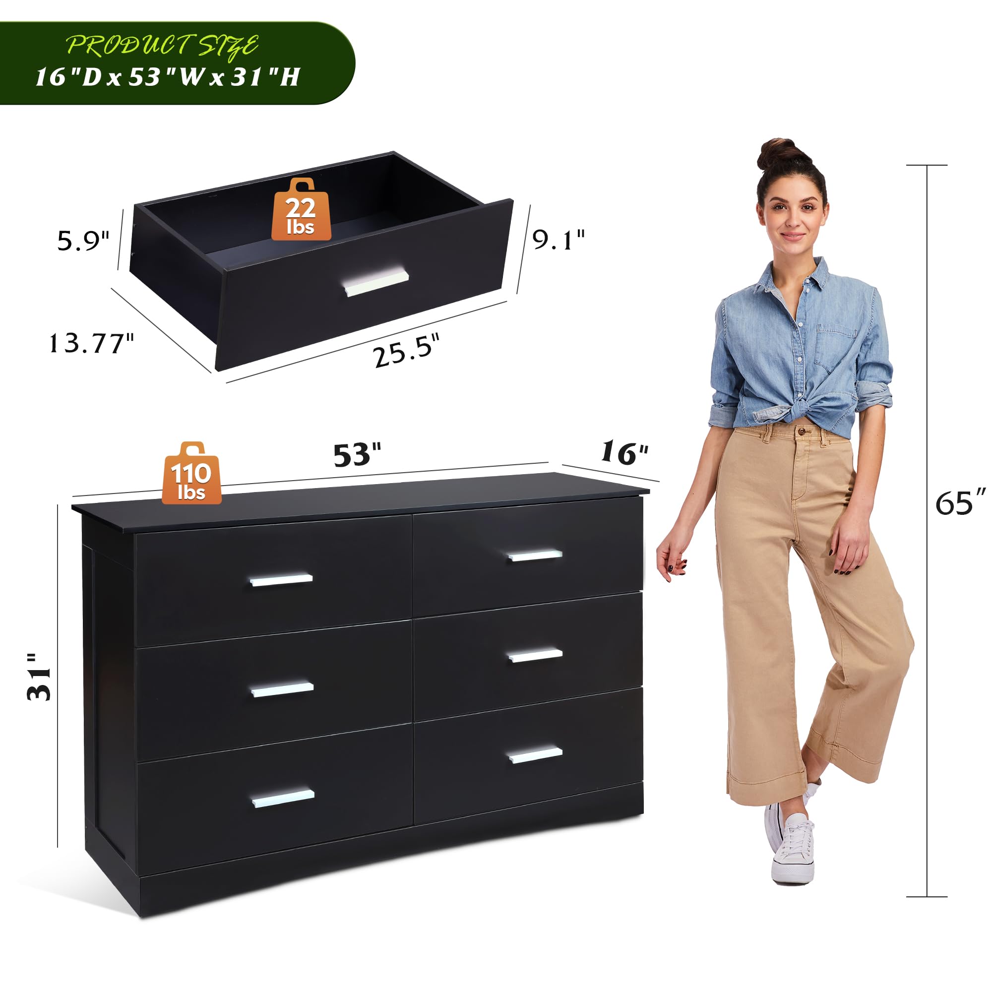 WLIVE 6-Drawer Oak Wood Dresser for Bedroom - Modern Minimalist Black Chest of Drawers with Large Storage, Closet Organizer for Living Room, Hallway & Nightstand | Perfect for Small Spaces & Apartment Storage Solutions