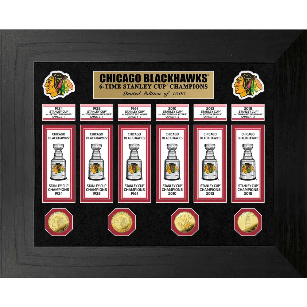Chicago Blackhawks Stanley Cup Champions Banner & Gold Coin Framed Memorabilia Display - Perfect for Hockey Fans, Man Cave Decor, and Sports Collectors