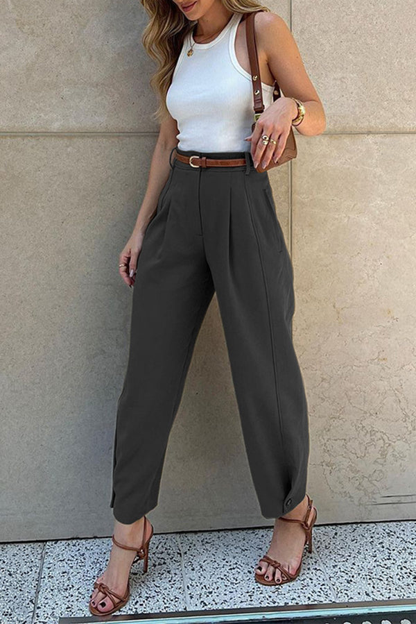 Solid Color High Waisted Belted Loose Fitting Suit Pants for Women - Professional Office Wear & Business Casual Outfits