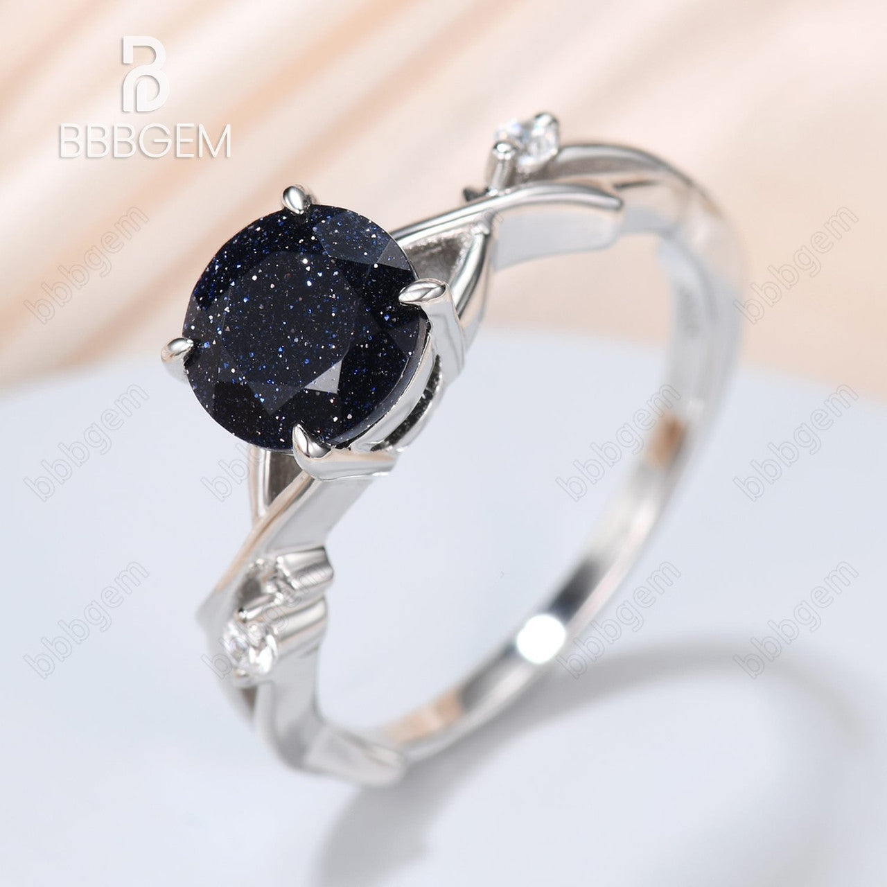 925 Sterling Silver Round Natural Blue Sandstone Ring - White Gold Plated Petite Twisted Willow Galaxy Engagement Ring for Women | Wedding, Anniversary, Gift, Boho Jewelry