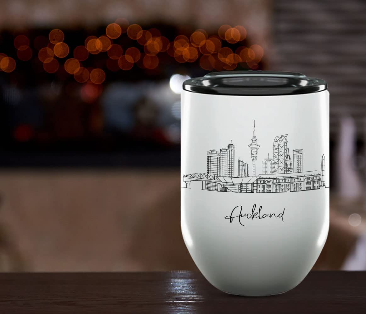 12 Oz Insulated Wine Tumbler with Lid - Auckland North Island Themed College Graduation Gift - Unique New Zealand Souvenir Drinkware for Her, Students & Long Distance Friends - Perfect for Travel, Picnics & Outdoor Adventures