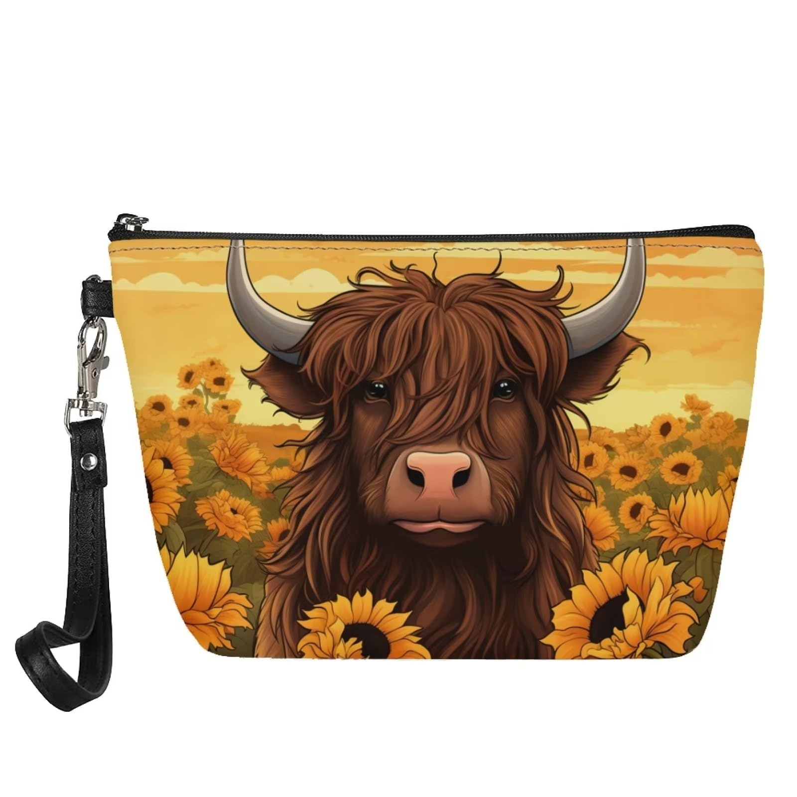 DISNIMO Sunflower Cow Print Makeup Bag - Waterproof Cosmetic Pouch for Women & Teens, Cute Travel Toiletry Organizer, Leather Clutch for Girls (Perfect for School, Travel & Daily Use)