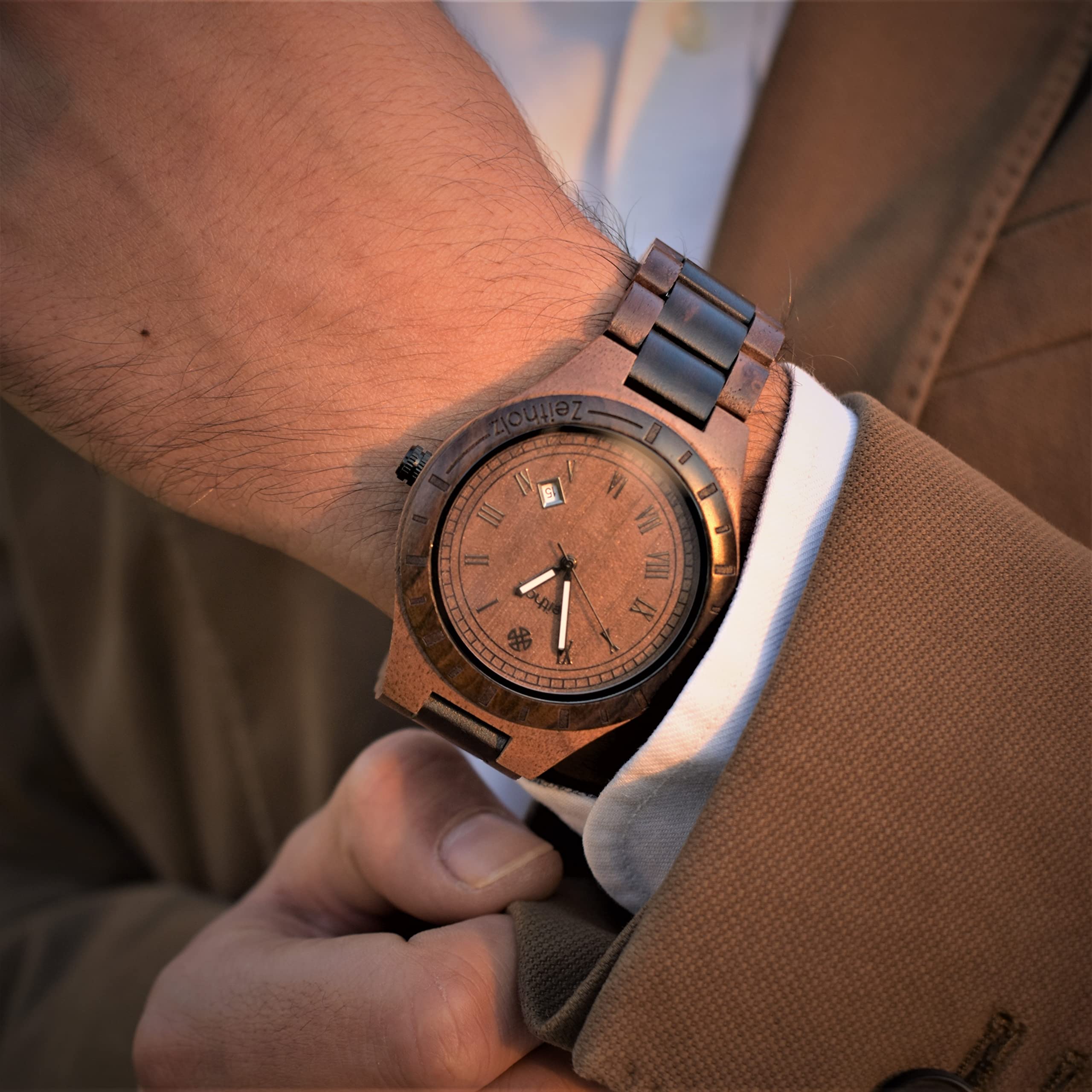 Zeitholz Men's Wooden Watch - 100% Natural Wood, Japanese Quartz Movement, Analog, 44mm Zittau Collection - Perfect Gift for Men, Ideal for Casual, Business & Outdoor Wear