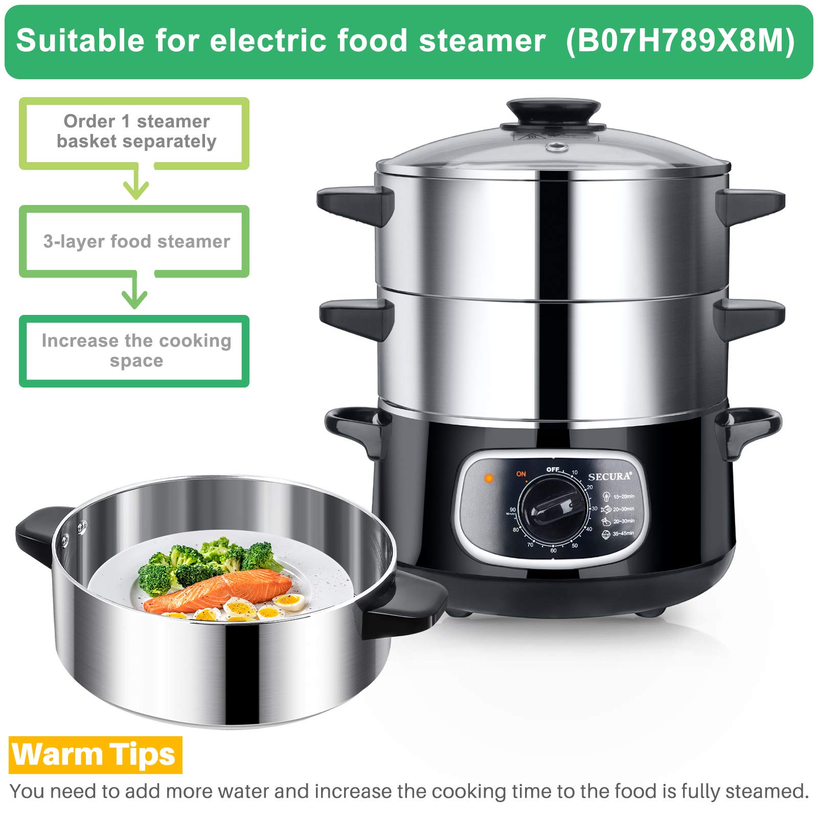 Secura 304 Stainless Steel Steamer Basket - 1 Tier Food Steamer Insert for 8.5 Quart Electric Cookers | Perfect for Vegetables, Dumplings & Healthy Cooking