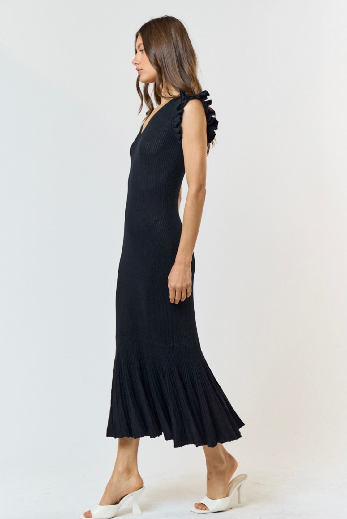 Black Ruffle Sleeve Pleated Mermaid Sweater Maxi Dress for Women - Elegant Party, Wedding Guest & Formal Occasion Outfit