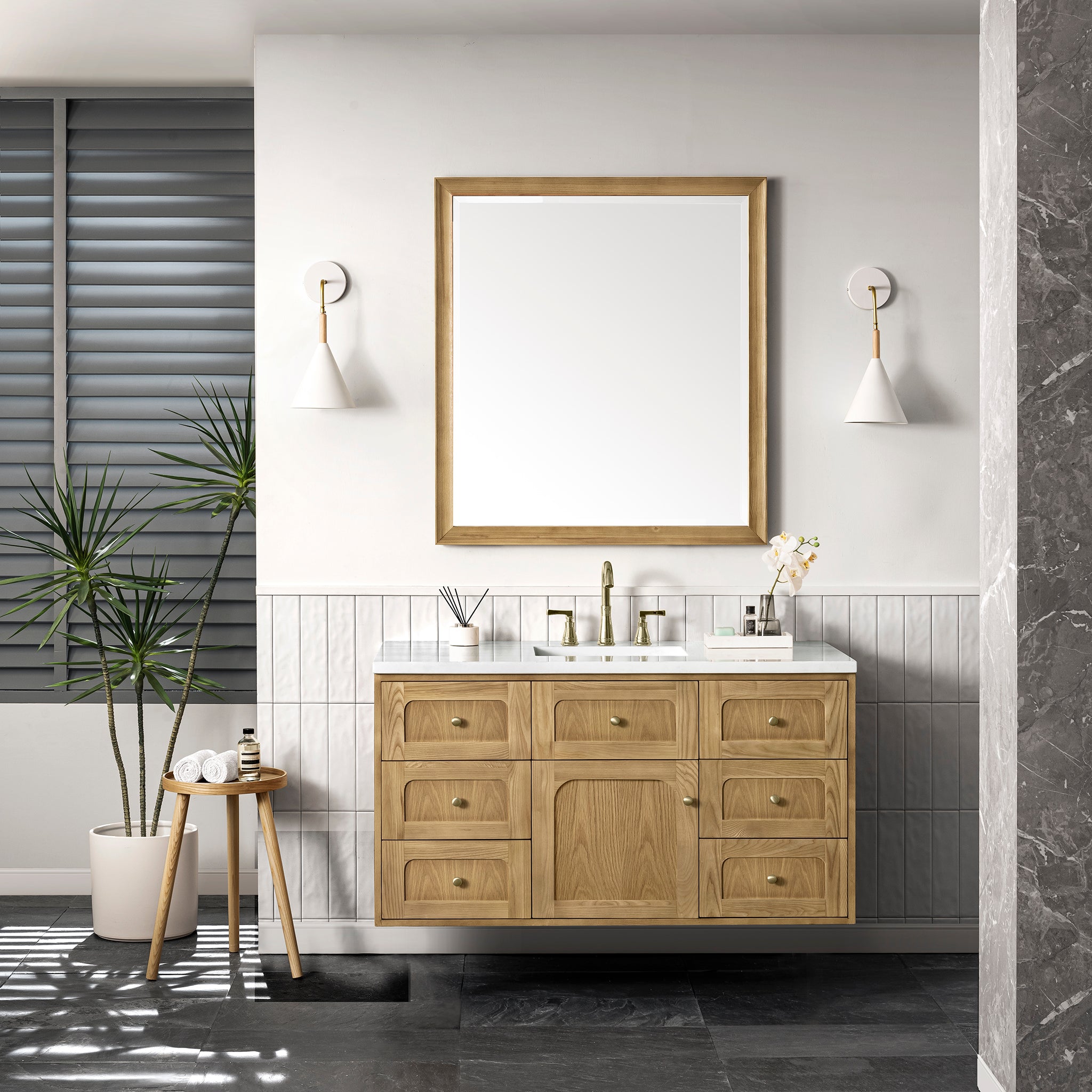 Laurent 48 Inch Single Bathroom Vanity with Light Natural Oak Finish and 3CM Arctic Fall Countertop - Perfect for Modern Home Bathroom Renovation and Spa-Style Decor