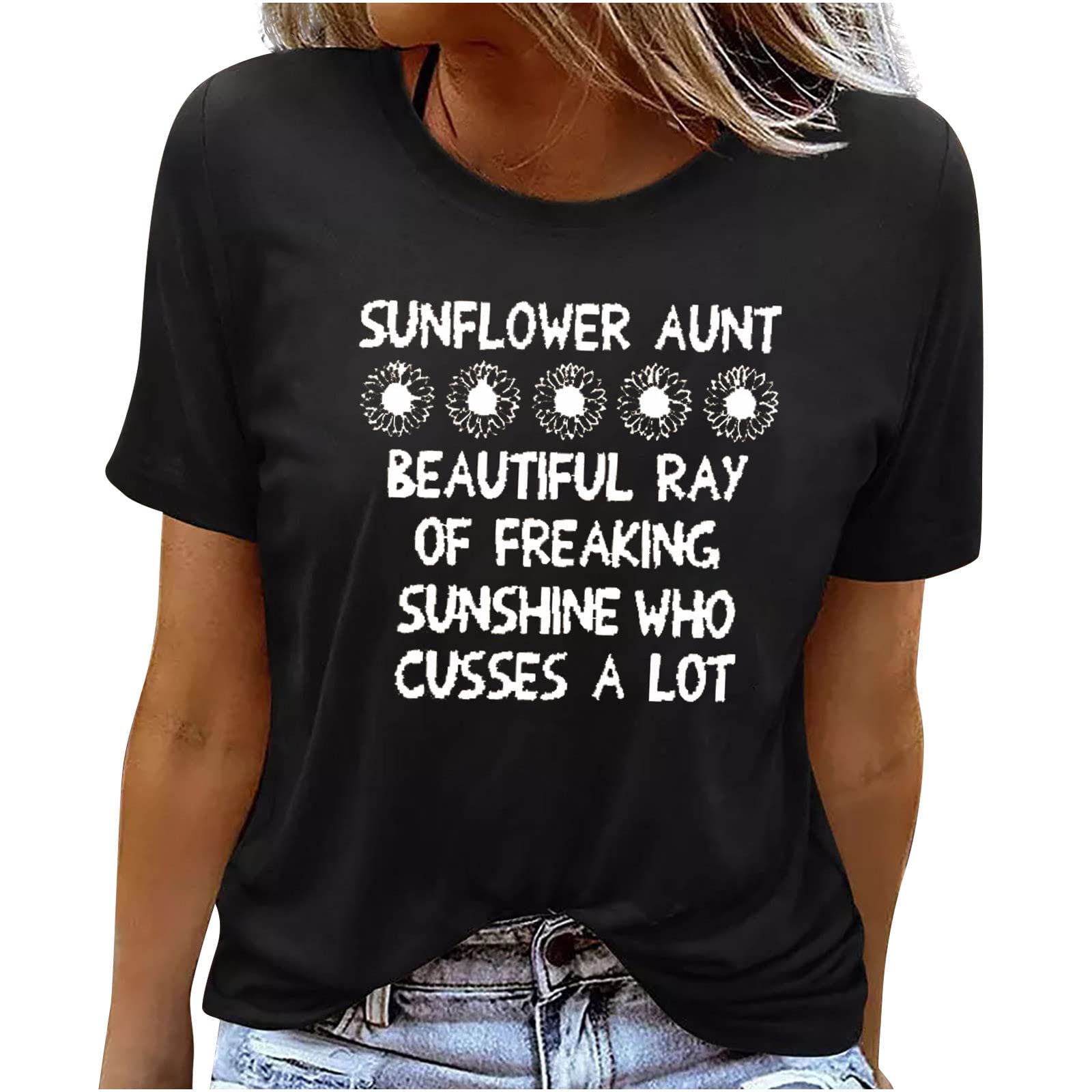Women's Summer Tops - Black Graphic Tees 2023 | Casual Short Sleeve Crew Neck T-Shirts | Loose Fitting Comfortable Trendy Shirt for Beach, Travel & Everyday Wear