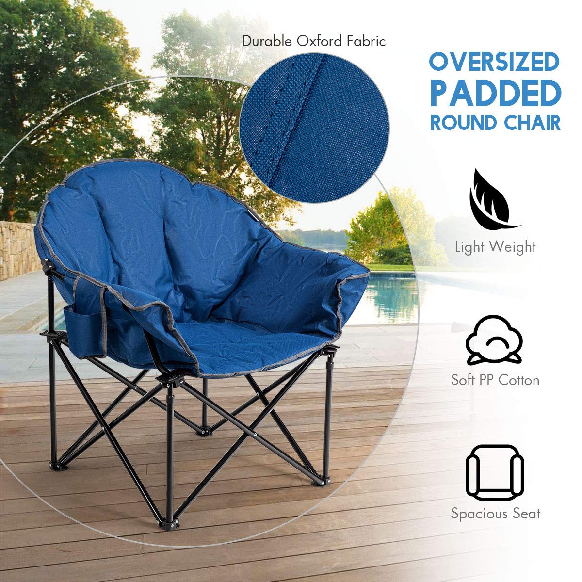 Giantex Set of 2 Portable Camping Chairs - Moon Saucer Folding Chairs with Soft Padded Seat, Cup Holder & Carry Bag for Outdoor, Beach, Picnic, Backyard (Navy Blue) - Perfect for Camping, Tailgating, and Relaxing in Your Garden