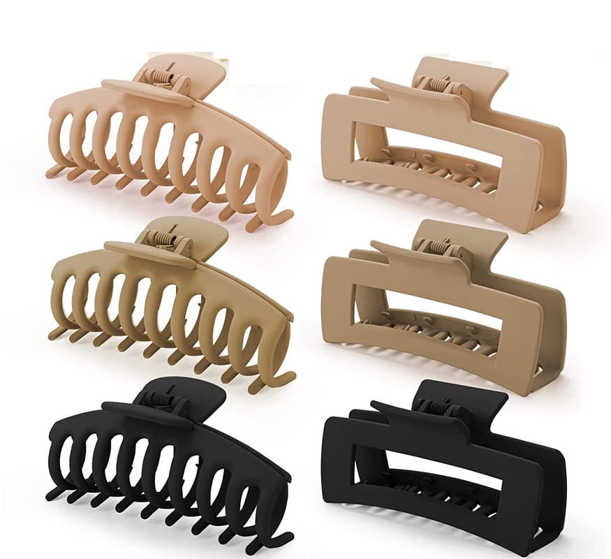 Trendy 6-Piece Large Long Hair Clips Set - Strong Hold Rectangular Hair Clips for Thick, Thin & Curly Hair - Matte Neutral Giant Durable Claw Clips - 90s Vintage Style (Multicolor) - Perfect for Everyday Hairstyles, Work, Gym & Special Occasions