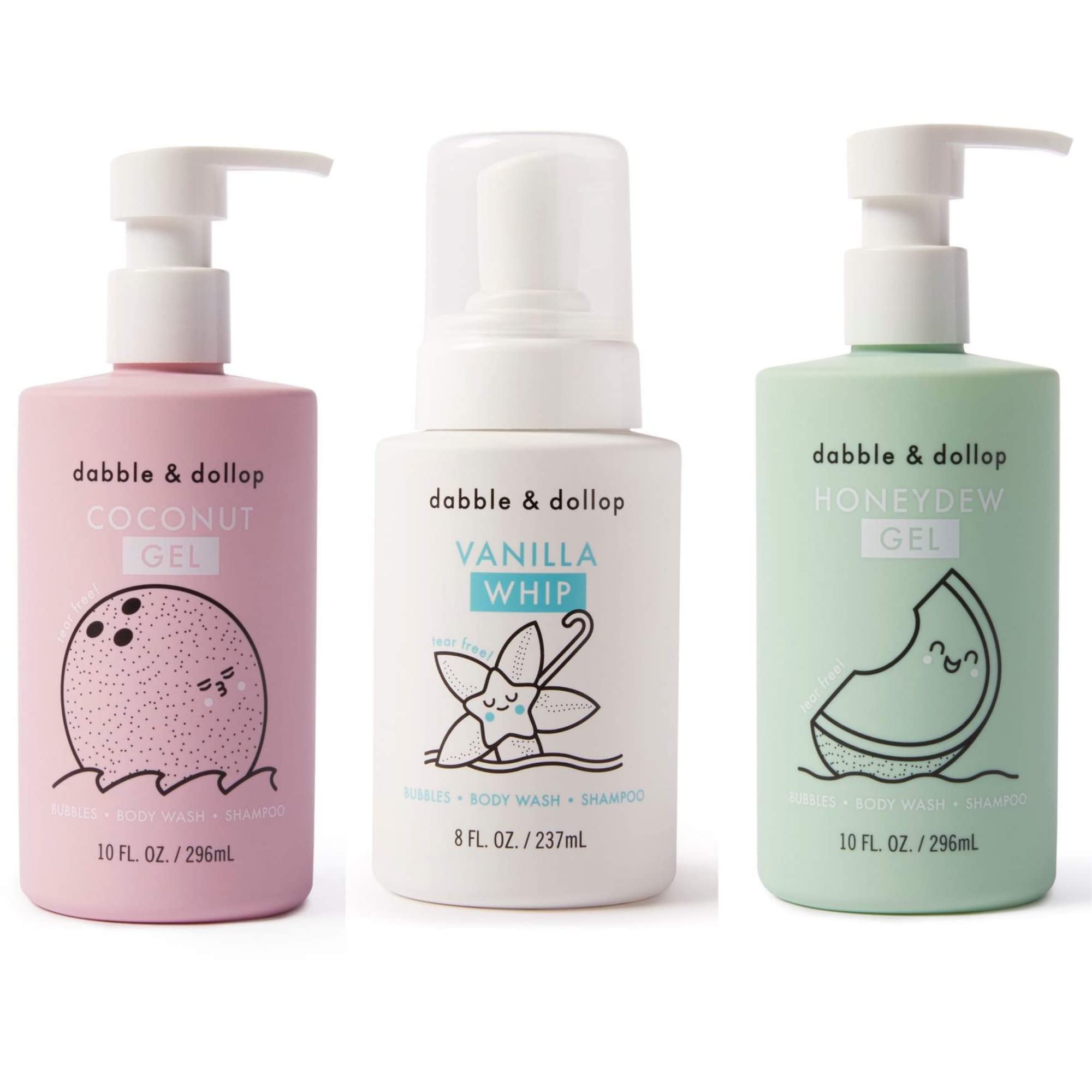 Dabble & Dollop Natural Kids Bubble Bath, Body Wash & Shampoo Set - USA-Made, Vegan, Paraben & Sulfate Free, Gluten-Free, Tear-Free - Honeydew Melon, Vanilla & Coconut Scent (3-Pack) | Gentle Cleansing for Beach Days, Pool Time & Bathtub Fun