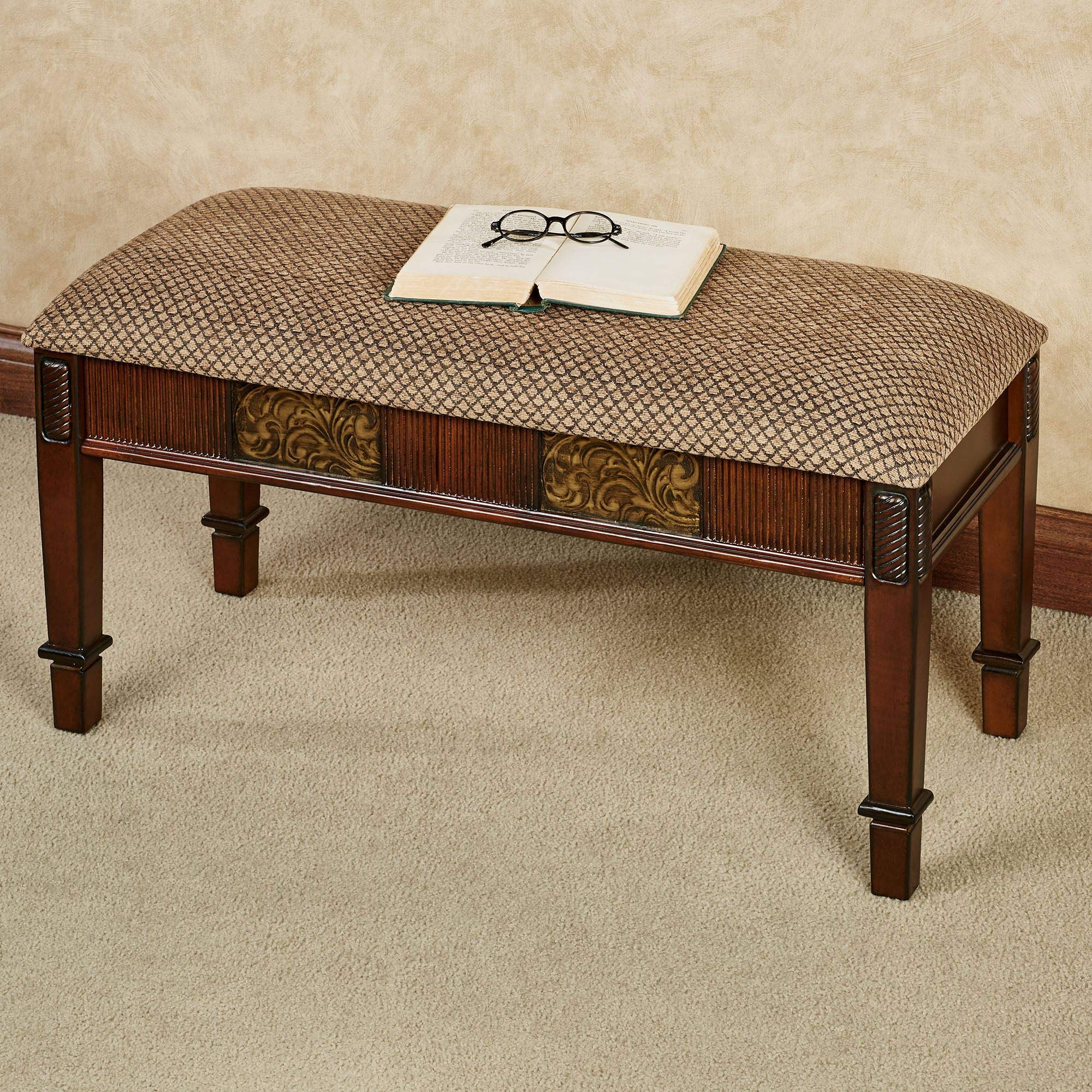 Touch of Class Sarantino Upholstered Bench in Natural Cherry with Chenille Cushion - Functional Bedroom Bench for End of Bed, Living Room Seating, Hallway or Entryway Decor - Perfect for Foyers, Dressing Areas & Home Organization
