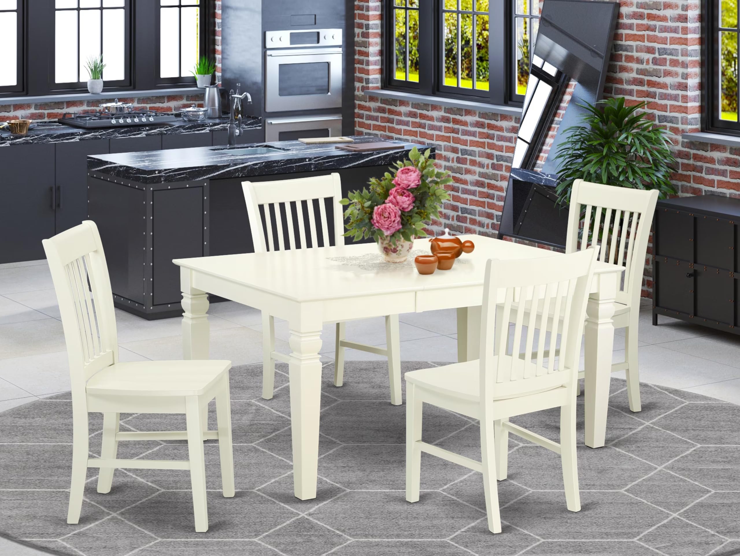 East West Furniture WENO5-LWH-W 5-Piece White Linen Dinette Set with 42x60 Inch Expandable Table & 4 Chairs - Perfect for Small Dining Rooms, Breakfast Nooks & Kitchen Spaces