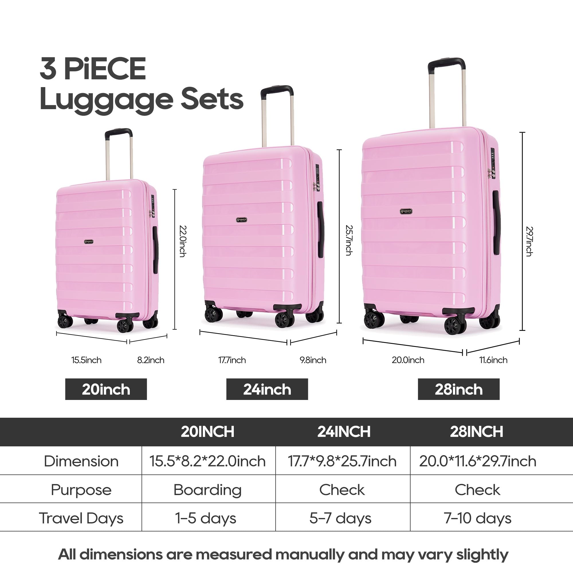 Expandable 3-Piece Luggage Set with Spinner Wheels & TSA Lock - Light Pink PP Material Suitcases (20/24/28 Inch) for Family Travel, Airplane Carry-On & Vacation Packing