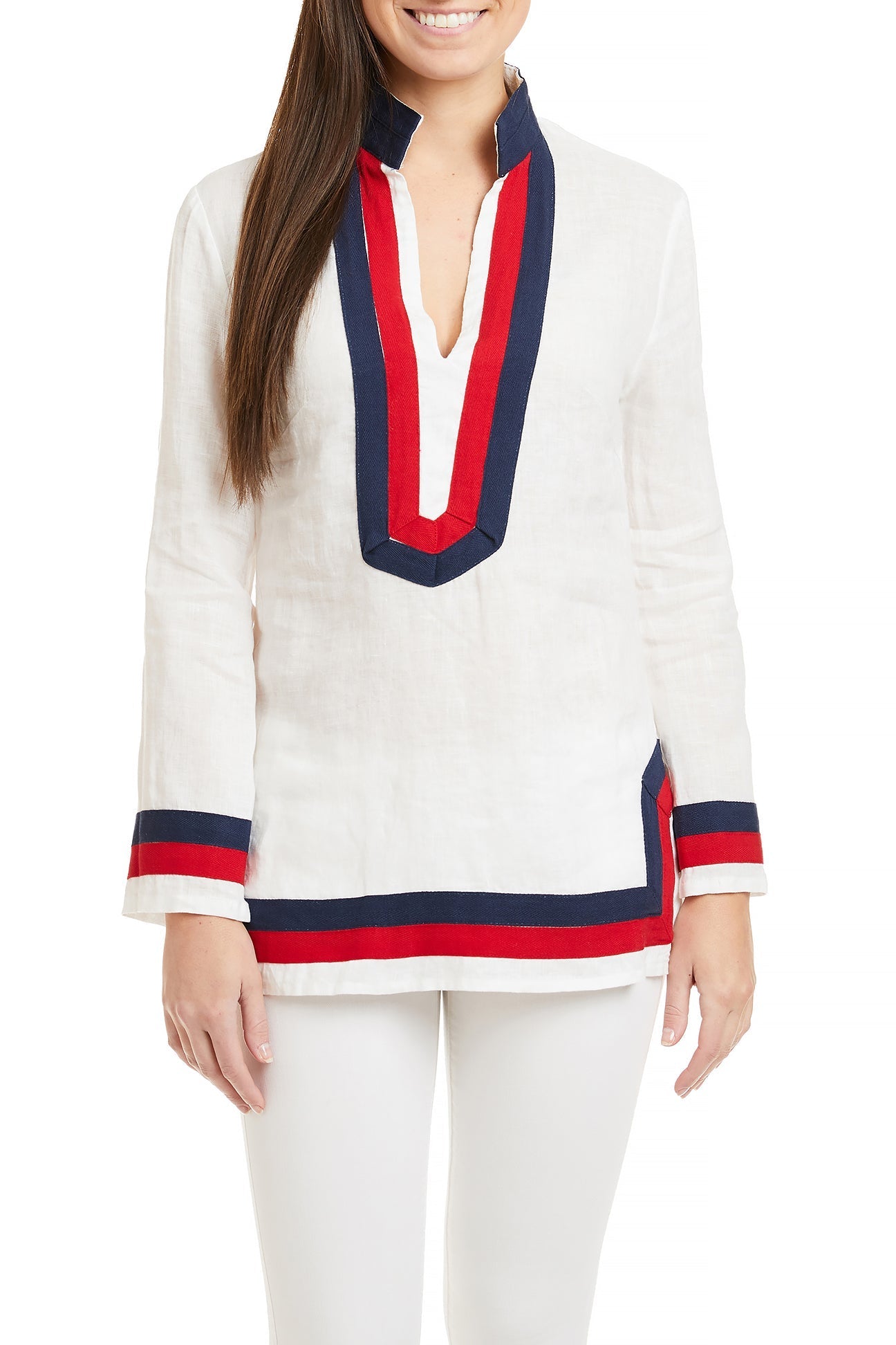Women's White Linen Tunic Top with Red & Navy Trim - Casual Summer Blouse for Beach, Vacation & Everyday Wear