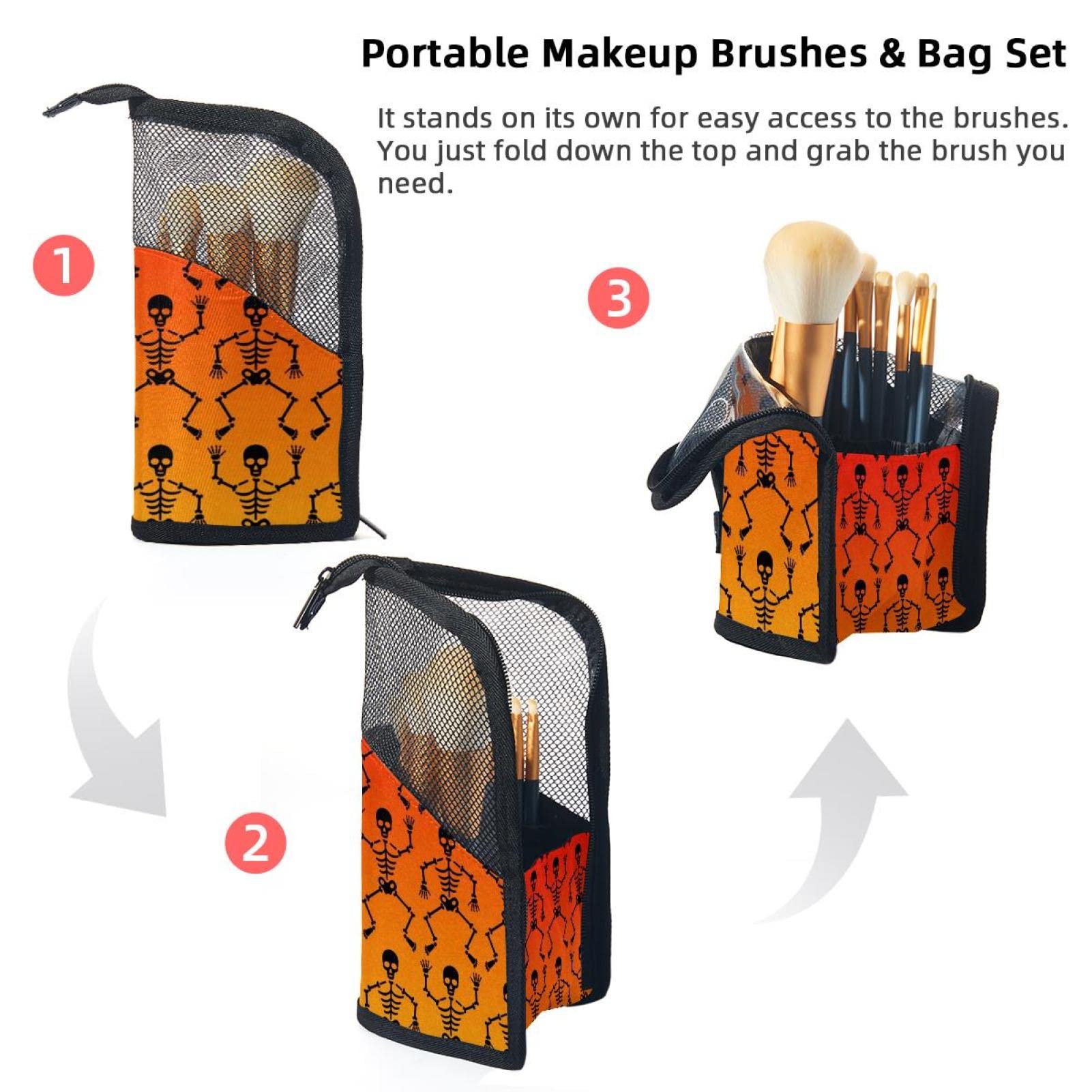 12-Piece Makeup Brush Organizer Bag with Skeleton Skull Gradient Orange Design - Portable Cosmetic Brush Holder Case for Travel, Home & Professional Makeup Artists
