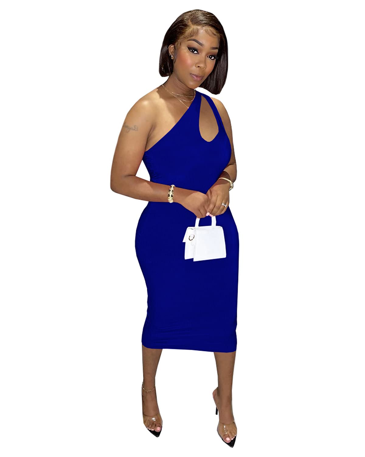 Sexy One Shoulder Cut Out Bodycon Dress for Women - Remelon Party Midi Dress, Clubwear, Night Out, Date Night, Cocktail Party, Formal Occasions