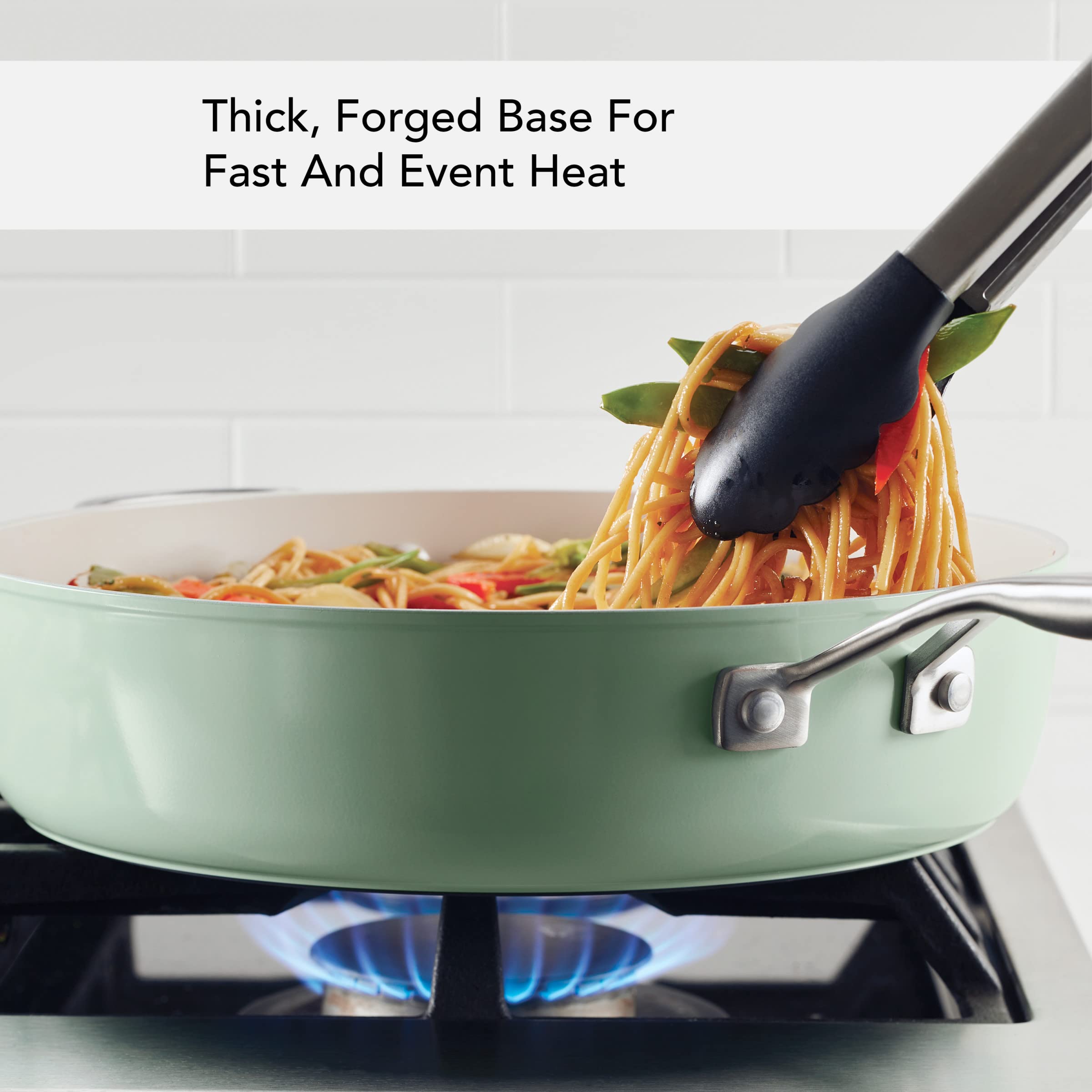 KitchenAid 5-Quart Nonstick Sauté Pan - Hard Anodized Ceramic Cookware with Shatter-Resistant Glass Lid & Riveted Handle - Even Heat Distribution, Oven Safe to 500°F, Easy to Clean - Pistachio Green - Perfect for Sautéing, Frying, and Simmering in Modern Kitchens