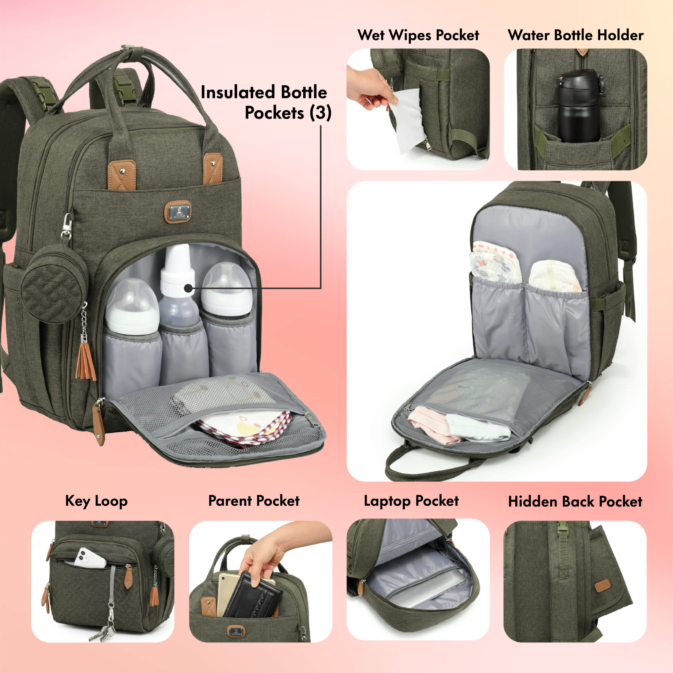 **Dikaslon Diaper Backpack for Baby - Large Unisex Travel Bag with Changing Pad, Pacifier Case & Stroller Straps | Waterproof & Spacious for Moms & Dads | Perfect for Daycare, Travel & Outings (Army Green)**
