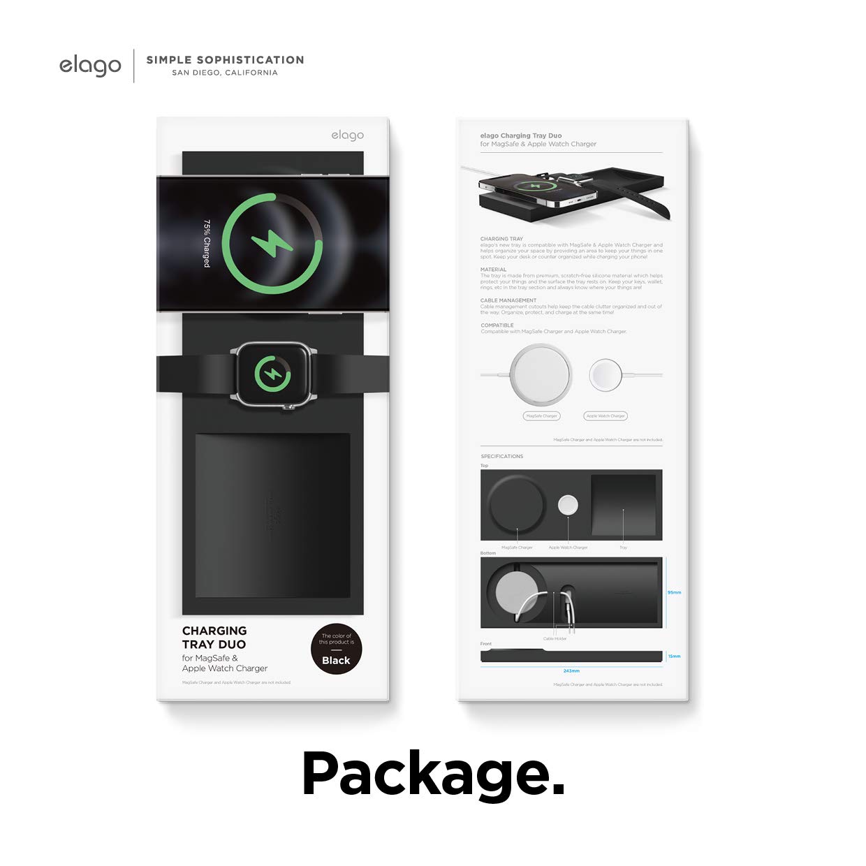 elago MagSafe Charging Tray Duo - Wireless Charging Stand for iPhone 16/15/14/13/12 & Apple Watch | Compatible with AirPods Case (Black) | Nightstand Organizer & Desktop Charging Station | Cable Not Included