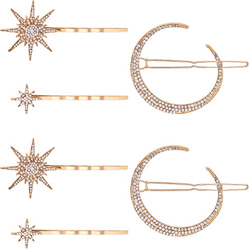 6-Piece Vintage Rhinestone Star and Moon Hair Clips Set - Gold Metal Alloy Hair Barrettes for Women & Girls - Perfect for Weddings, Parties, and Everyday Hair Accessories