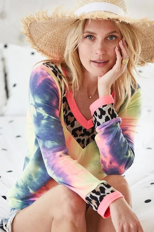 BiBi Tie Dye Terry V Neck Top - Soft Cotton Women's Casual Shirt for Summer, Beach, and Lounge Wear