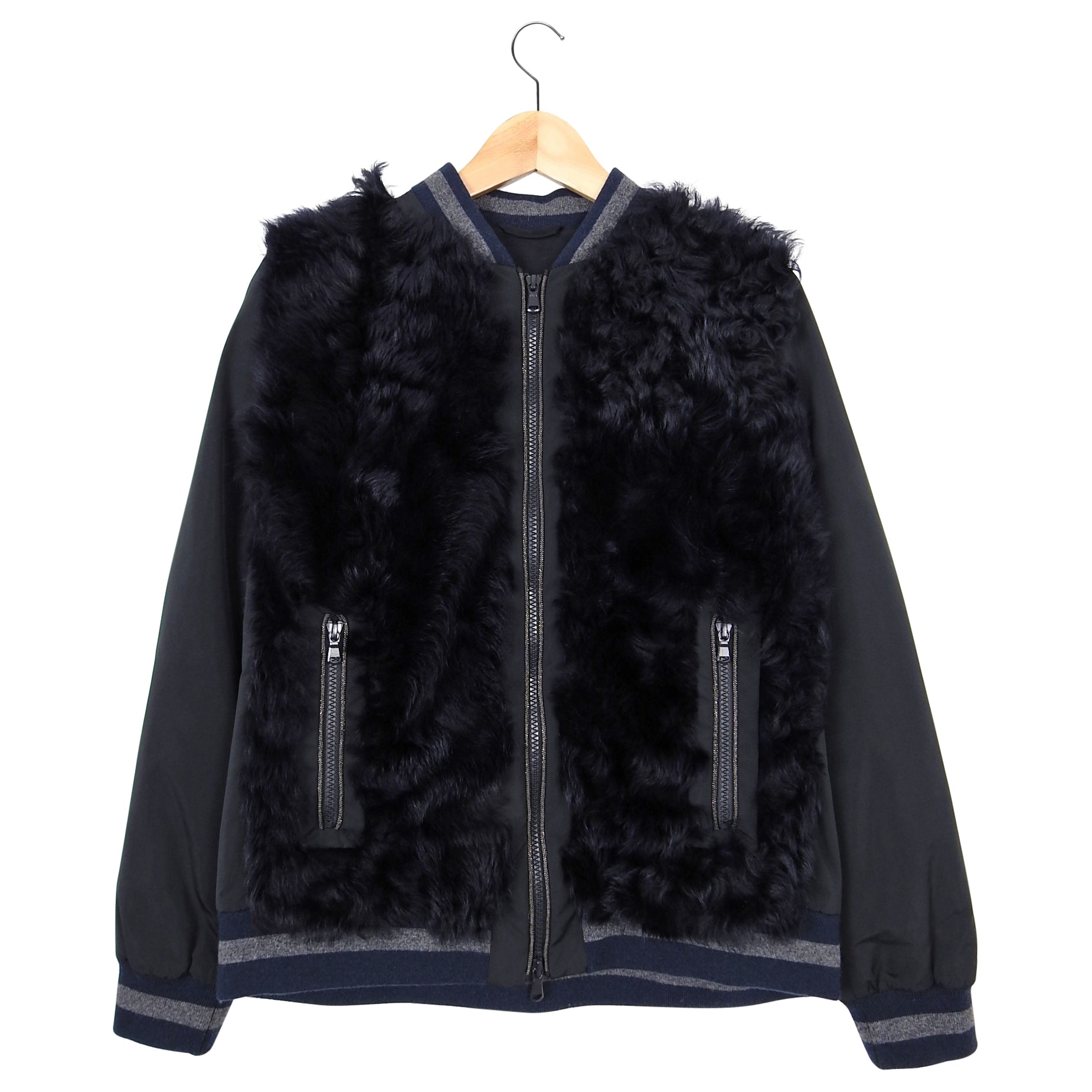 Brunello Cucinelli Navy Blue Curly Lamb Fur Bomber Jacket for Men - Luxury Winter Coat for Cold Weather, Fashion Outerwear for Casual & Formal Occasions