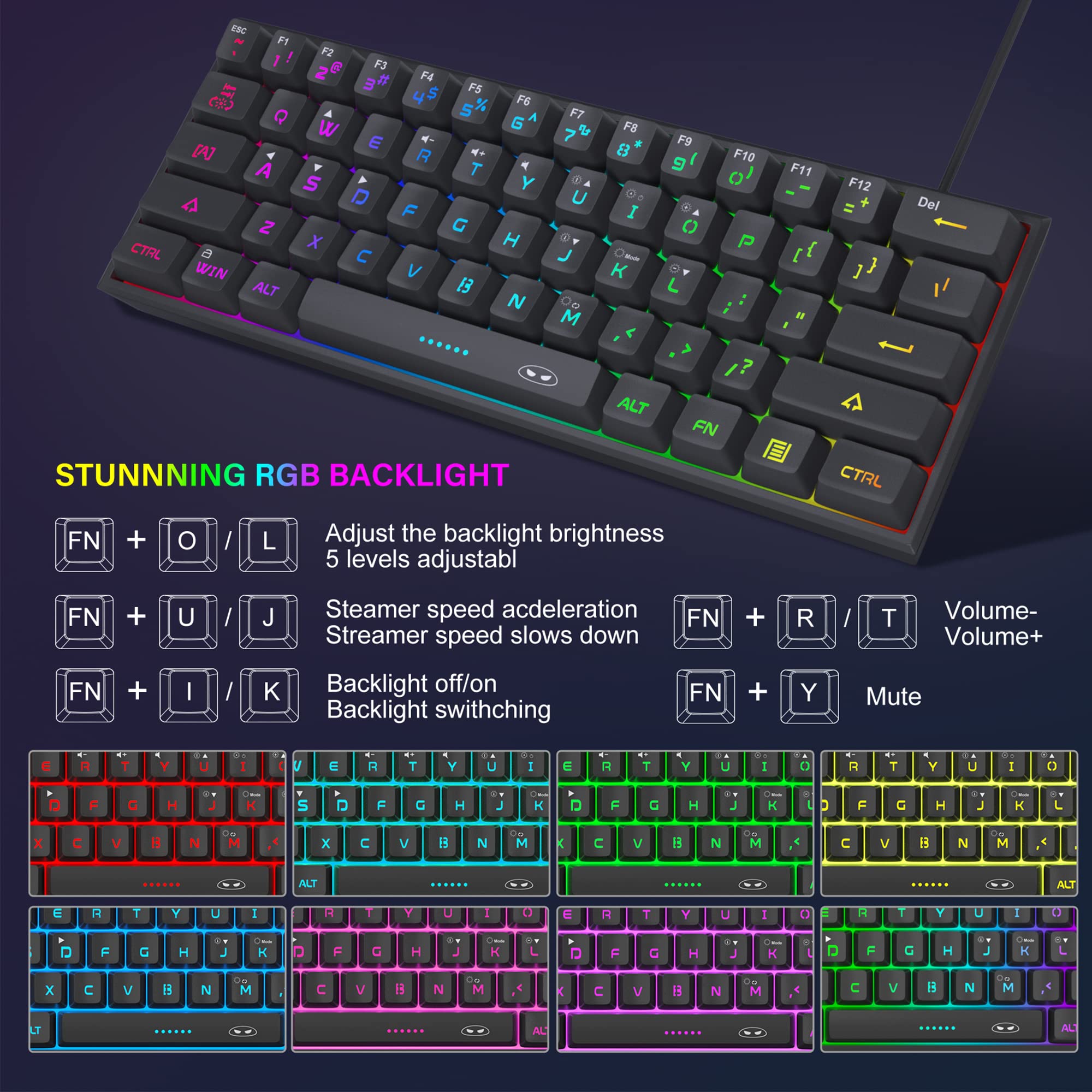 MageGee 60% Compact Mechanical Gaming Keyboard - RGB Backlit, Waterproof, 61 Keys for PC, Mac, Windows, Xbox, PS - Perfect for Esports, Office Work & Home Gaming (Black)