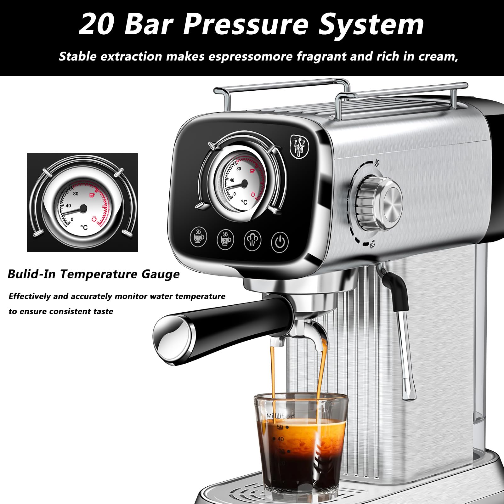 PlumChef 20 Bar Professional Espresso Machine with Milk Frother - Compact Home Coffee Maker, 34oz Water Tank, Steam Wand & Temperature Gauge - Perfect for Latte, Cappuccino & Espresso - Ideal for Home Baristas & Coffee Lovers