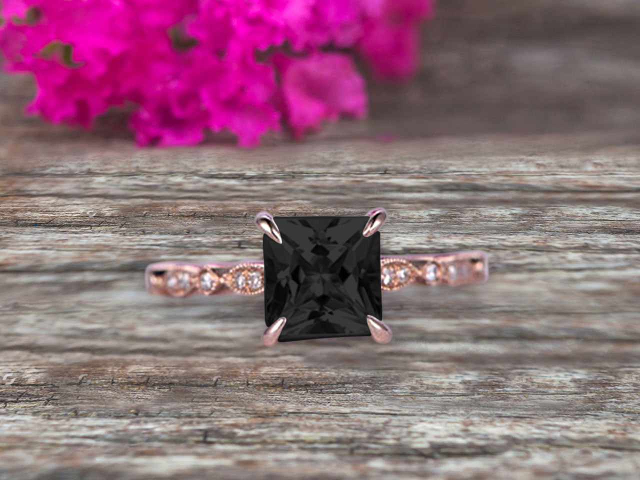 1.25 Carat Black Diamond Moissanite Engagement Ring - 10k Rose Gold Art Deco Princess Cut Wedding Band for Women - Perfect for Proposals, Anniversaries & Special Occasions