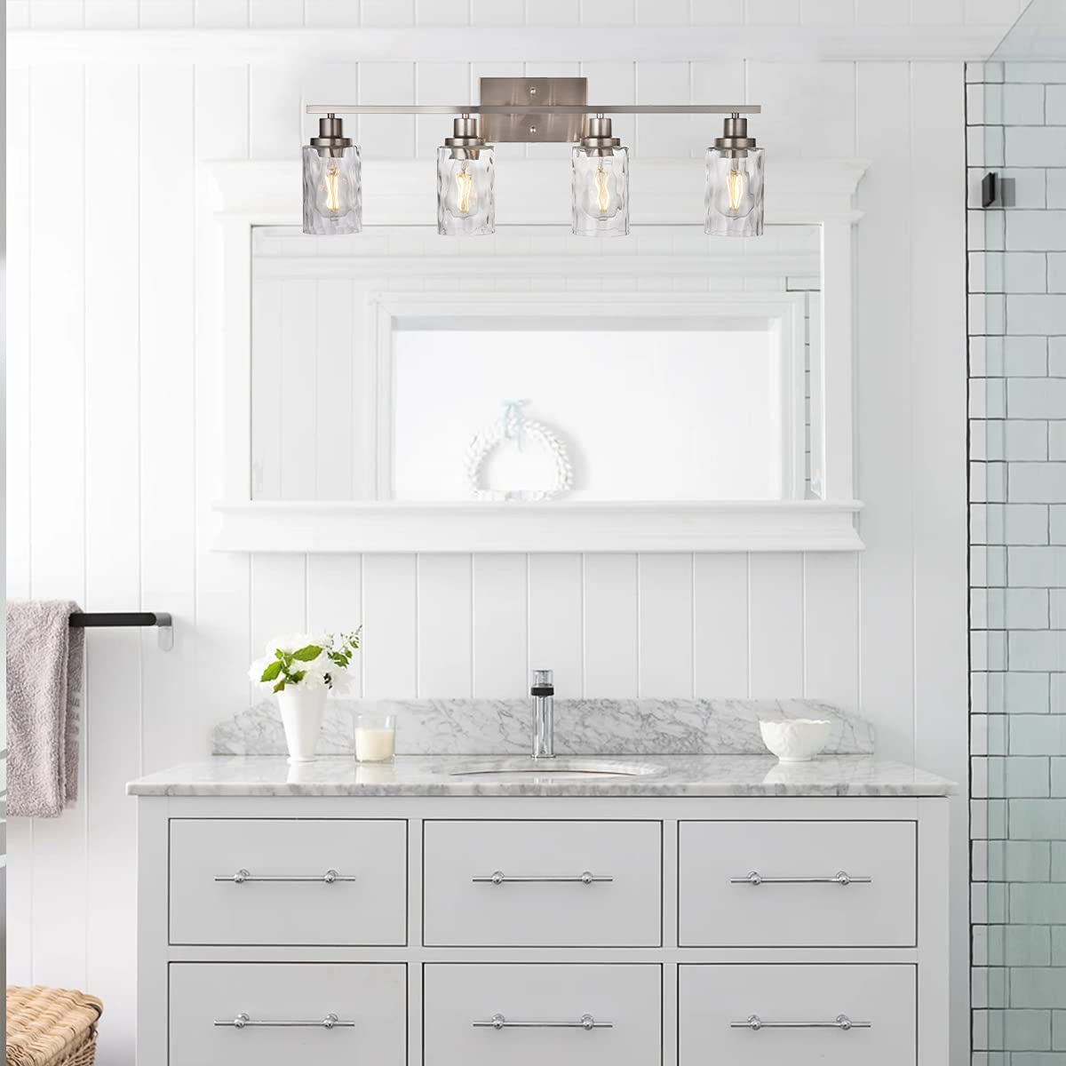 4-Light Modern Bathroom Vanity Light Fixture - Brushed Nickel Wall Sconce with Hammered Glass Shade - Perfect for Bathroom, Powder Room & Dressing Room Lighting