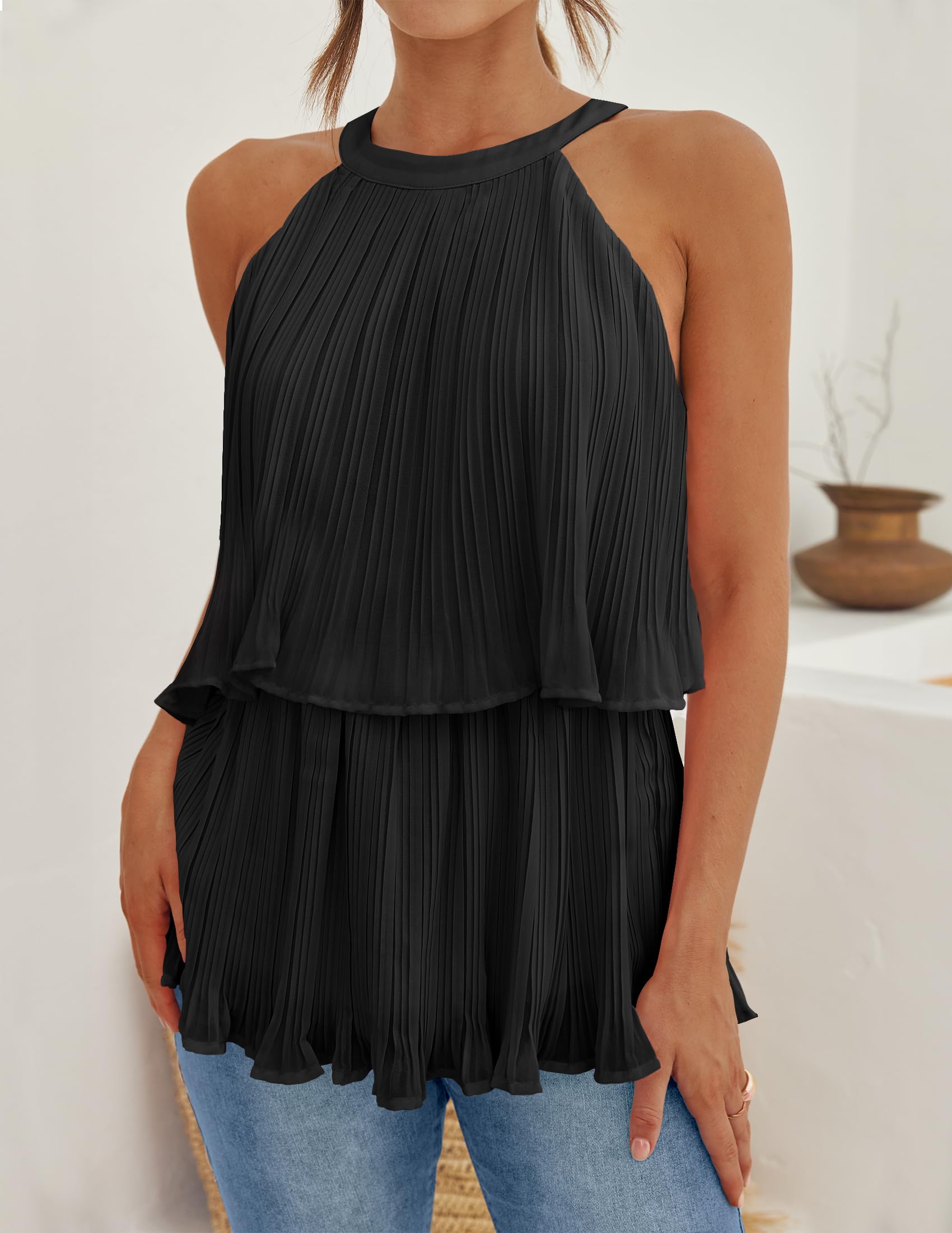 ZESICA Women's Summer Halter Tank Tops - Casual Sleeveless Ruffle Tiered Layered Chiffon Flowy Blouse Shirts for Beach, Vacation & Outdoor Activities