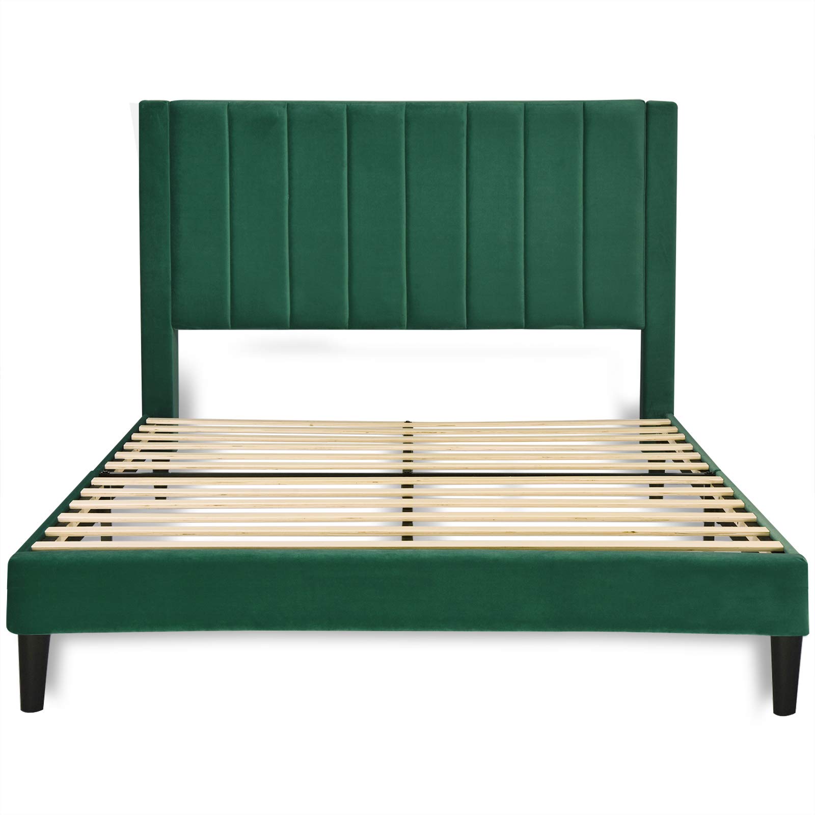 Allewie Full Size Platform Bed Frame - Velvet Upholstered Bed with Channel Tufted Headboard, Sturdy Wood Slats Support | No Box Spring Needed | Easy Assembly in Emerald Green | Perfect for Modern Bedrooms & Guest Rooms