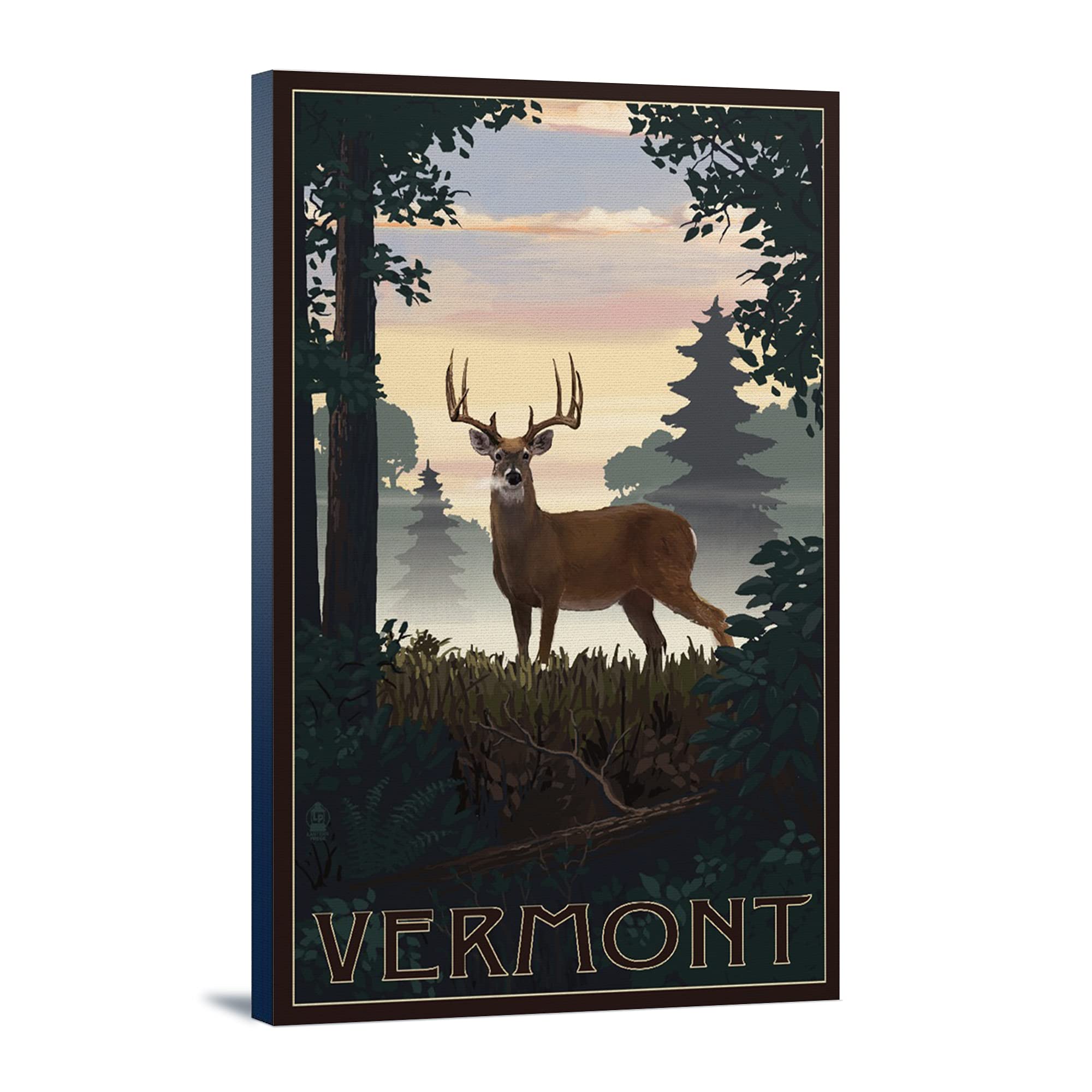 Lantern Press Vermont Deer and Sunrise 16x24 Wrapped Canvas Wall Art - Nature Inspired Home Decor for Living Room, Bedroom & Office
