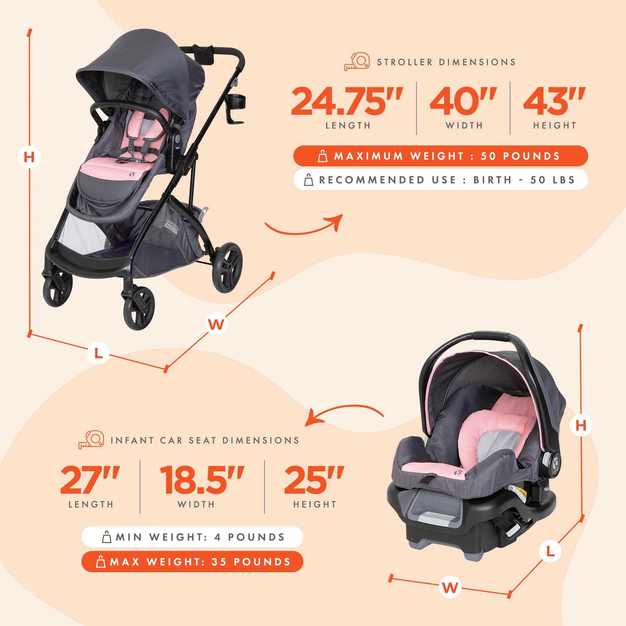 Baby Trend Sonar™ Switch 6-in-1 Modular Stroller Travel System with Ally™ Infant Car Seat - Desert Pink | Convertible Stroller for Newborn to Toddler | Perfect for Shopping, Travel & Daily Walks