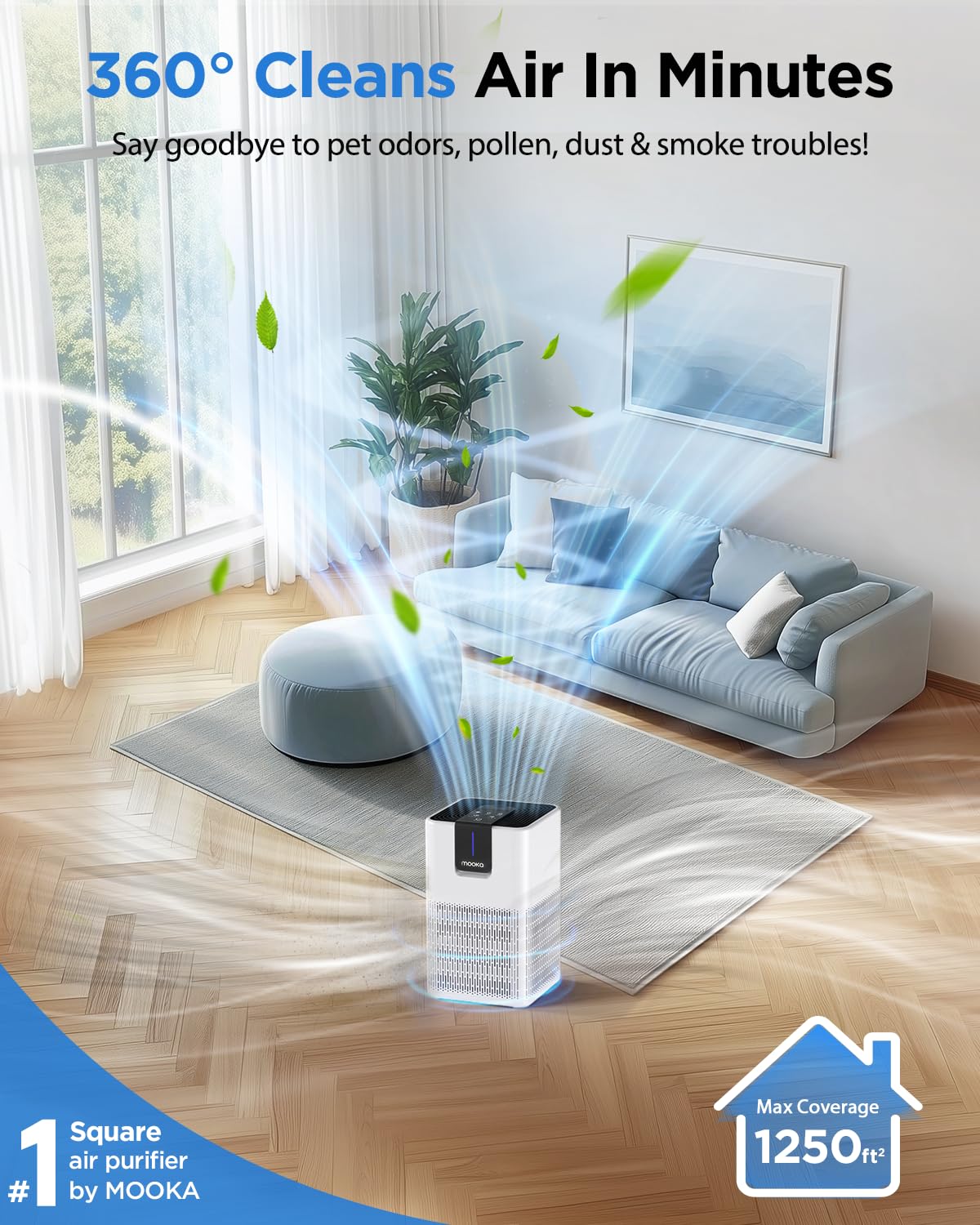 MOOKA H13 True HEPA Air Purifier for Large Rooms up to 1250 Sq Ft - Eliminates Pet Dander, Dust, Smoke & Odors - Ultra Quiet 15dB Sleep Mode with Aromatherapy Function - Perfect for Bedroom, Office & Living Room - Improves Air Quality for Allergy & Asthma Sufferers