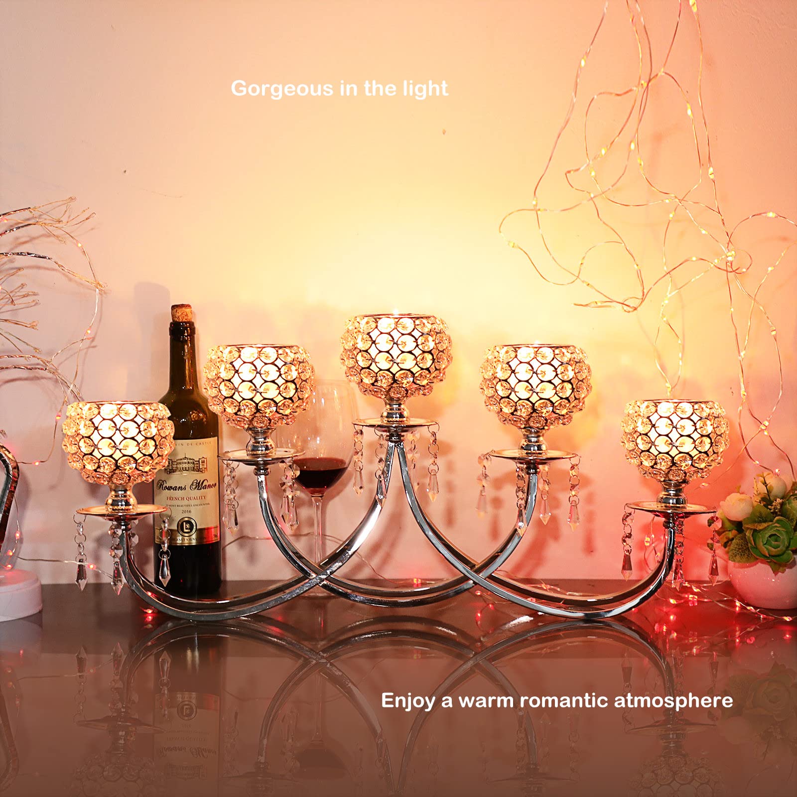 Large 5-Arm Silver Crystal Beaded Candelabra - Elegant Tea Light Candle Holder for Weddings, Dining Tables & Christmas Decor | Perfect Centerpiece for Home, Party & Holiday Decorations