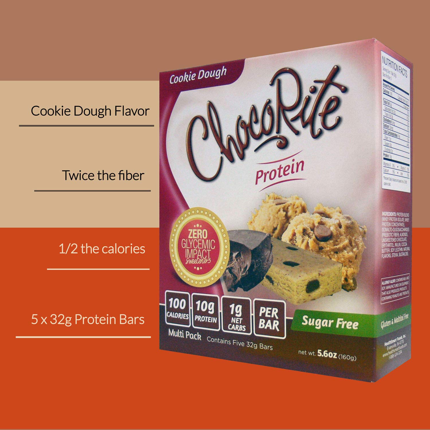 ChocoRite Protein Bars - Cookie Dough Flavor | Keto-Friendly, Sugar-Free, Low Carb Protein Snacks | High Protein, Healthy Chocolate Bars | Multi Pack Box (5 Bars x 32g) | Perfect for Gym Workouts, Office Snacks & Weight Loss Diet