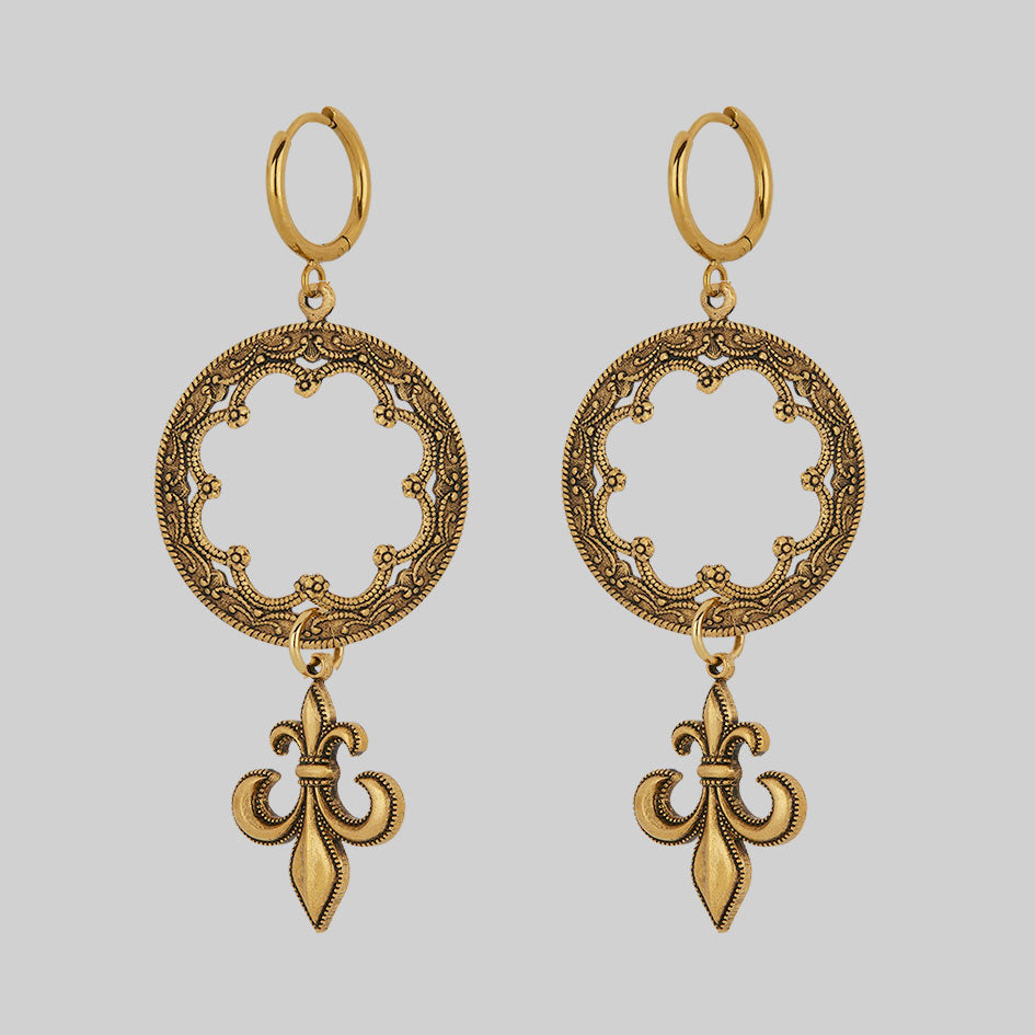 VOW. Gothic Fleur de Lis Hoop Earrings in Gold - Elegant Vintage Jewelry for Women, Perfect for Gothic Fashion, Renaissance Fairs & Special Occasions