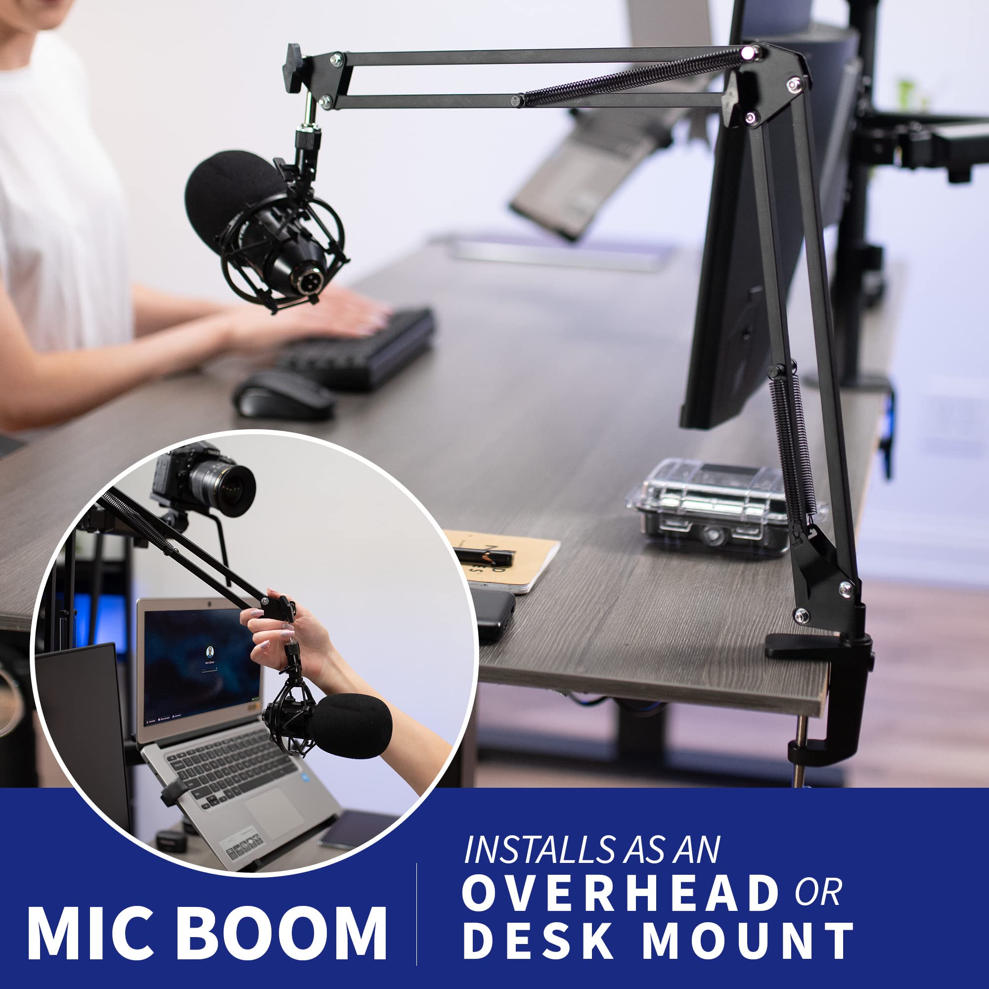 VIVO All-in-One Computer Studio Desk Mount with Mic Boom, Dual Monitor Stand for 32 inch Screens, Laptop Holder & Livestream Arms - Compatible with Cameras, Lights, Phone/Tablet Adapters (STAND-LIVE2L) - Perfect for Home Office, Gaming Setup & Content Creation Studio
