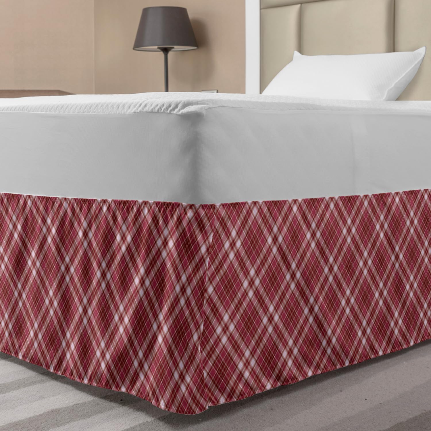 Ambesonne Checkered Bed Skirt - Diagonal Striped & Rhombus Pattern in Rose Tones, Elastic Wrap Around Gathered Design for Full Size Beds | Perfect for Bedroom Decor & Guest Room Styling
