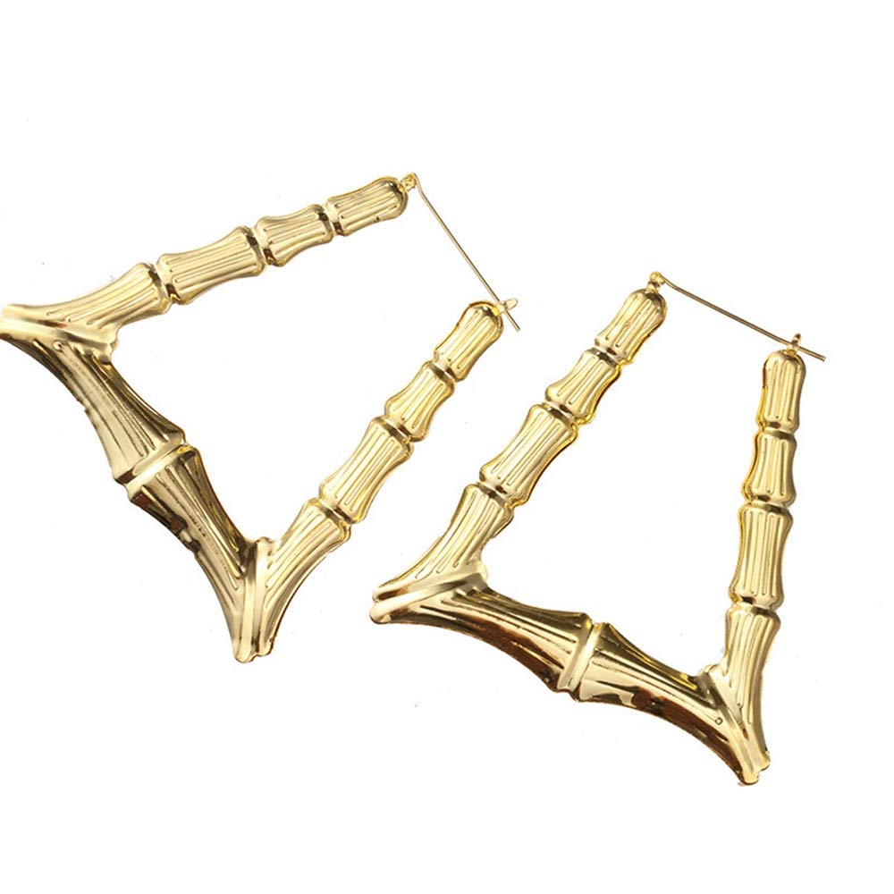 Gold Bamboo Triangle Hollow Hoop Earrings for Women - Large Lightweight Dangle Earrings for Everyday Wear & Special Occasions