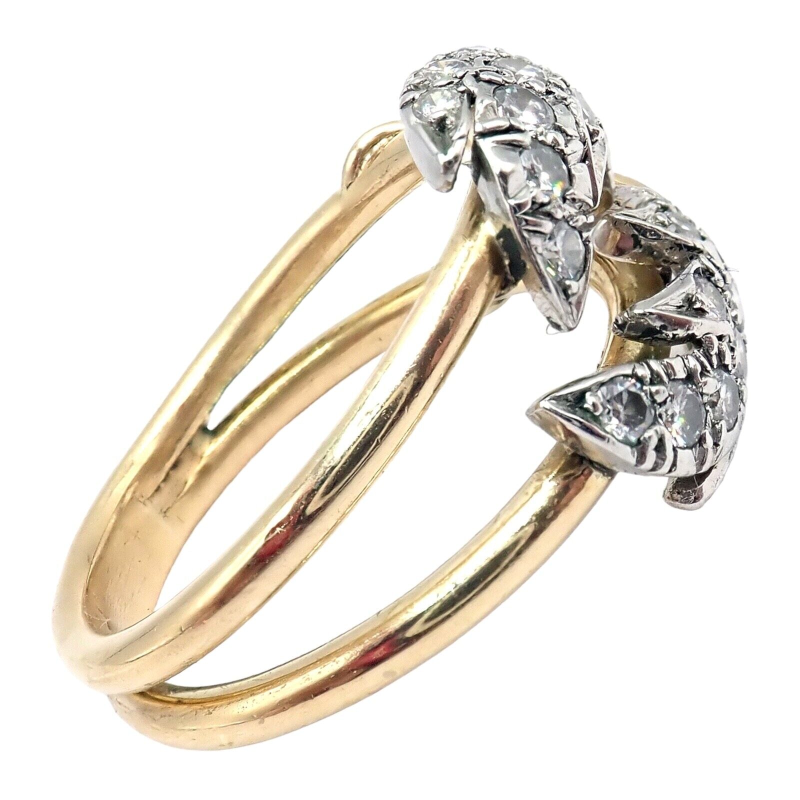 Authentic Tiffany & Co. Schlumberger Diamond Ring in 18K Yellow Gold & Platinum - Elegant Two Leaf Design for Weddings, Anniversaries & Special Occasions