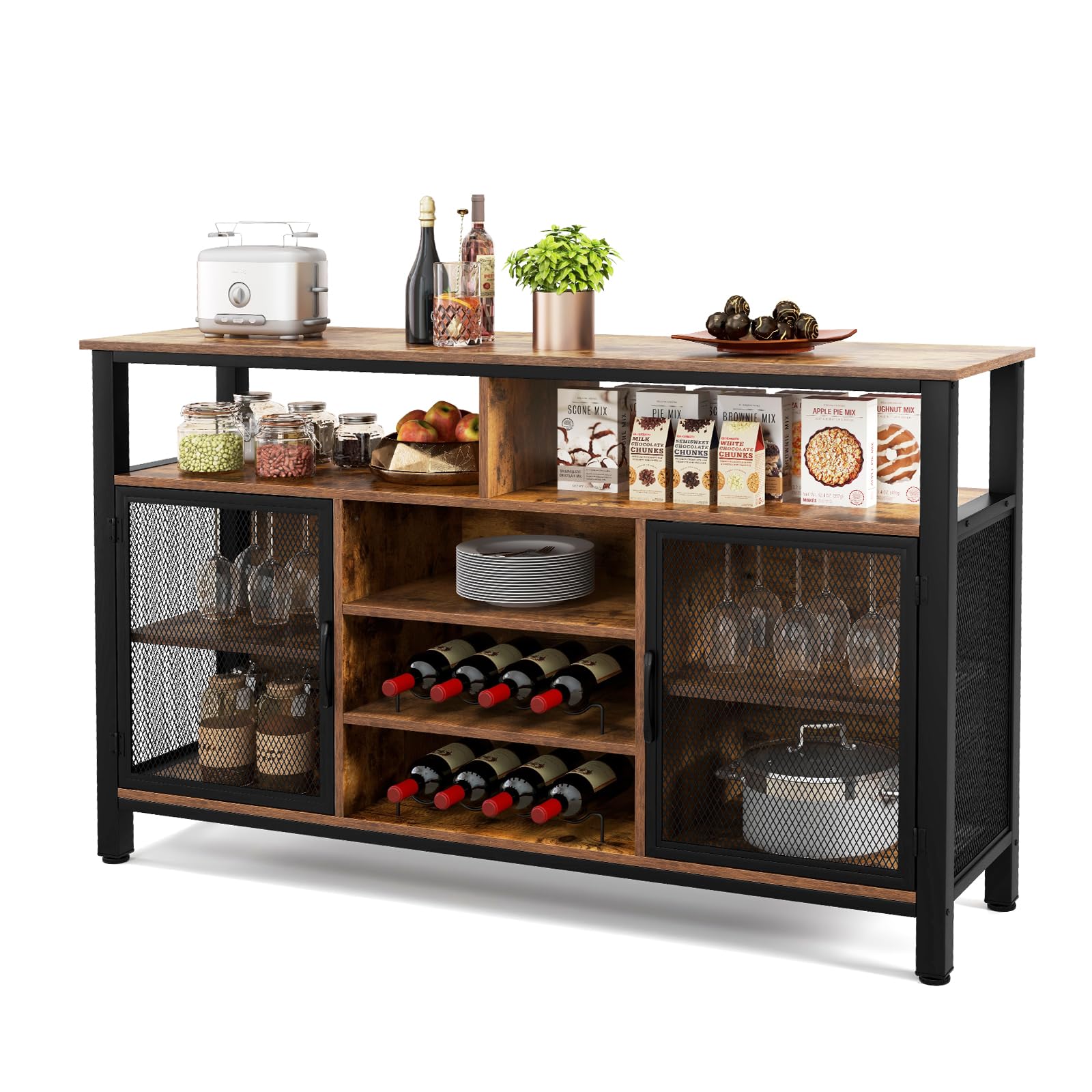 LOKO Wine Bar Cabinet with 8-Bottle Wine Racks & Glass Holders - Kitchen Buffet Sideboard, Coffee Bar Cabinet with Storage, Liquor Cabinet & TV Stand for Dining Room & Living Room - Perfect for Entertaining Guests, Storing Beverages & Enhancing Home Decor (Brown)