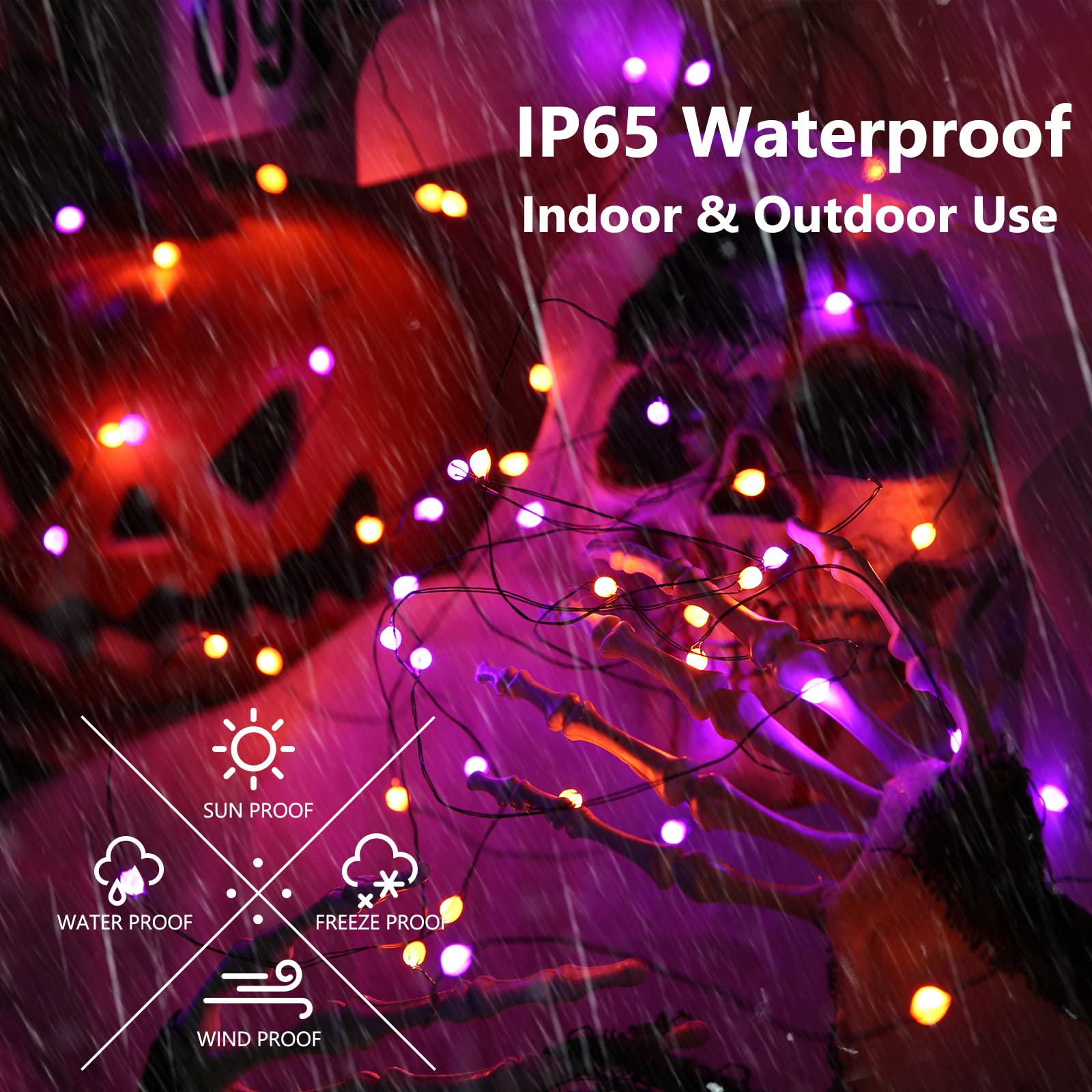 iBaycon 2 Pack 50 LED Halloween String Lights - 16.4ft Battery Operated Orange & Purple Waterproof Fairy Lights with 8 Modes & Timer - Indoor Outdoor Halloween Party Decorations for Yard, Porch, Window, Pumpkin Display