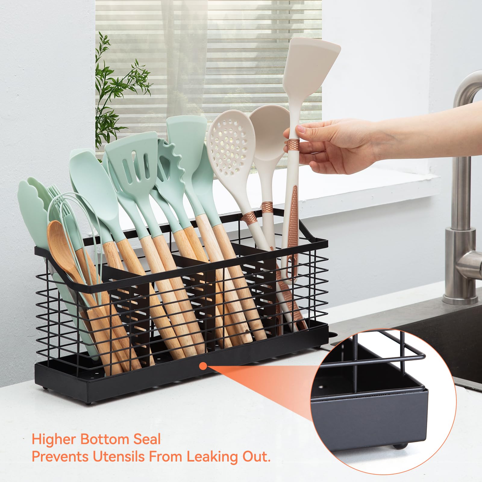 Large Kitchen Utensil Holder with 4 Compartments - Matte Black Metal Countertop Organizer for Cooking Tools | Perfect for Spoons, Spatulas & Kitchen Utensils Storage