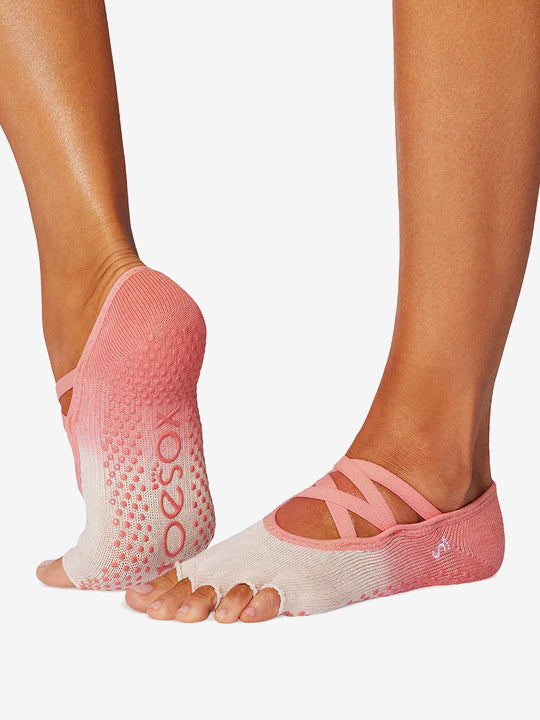 ToeSox Half Toe Elle Grip Socks for Women - Hot Coral Ombre Non-Slip Yoga Socks - Perfect for Pilates, Barre & Dance Workouts